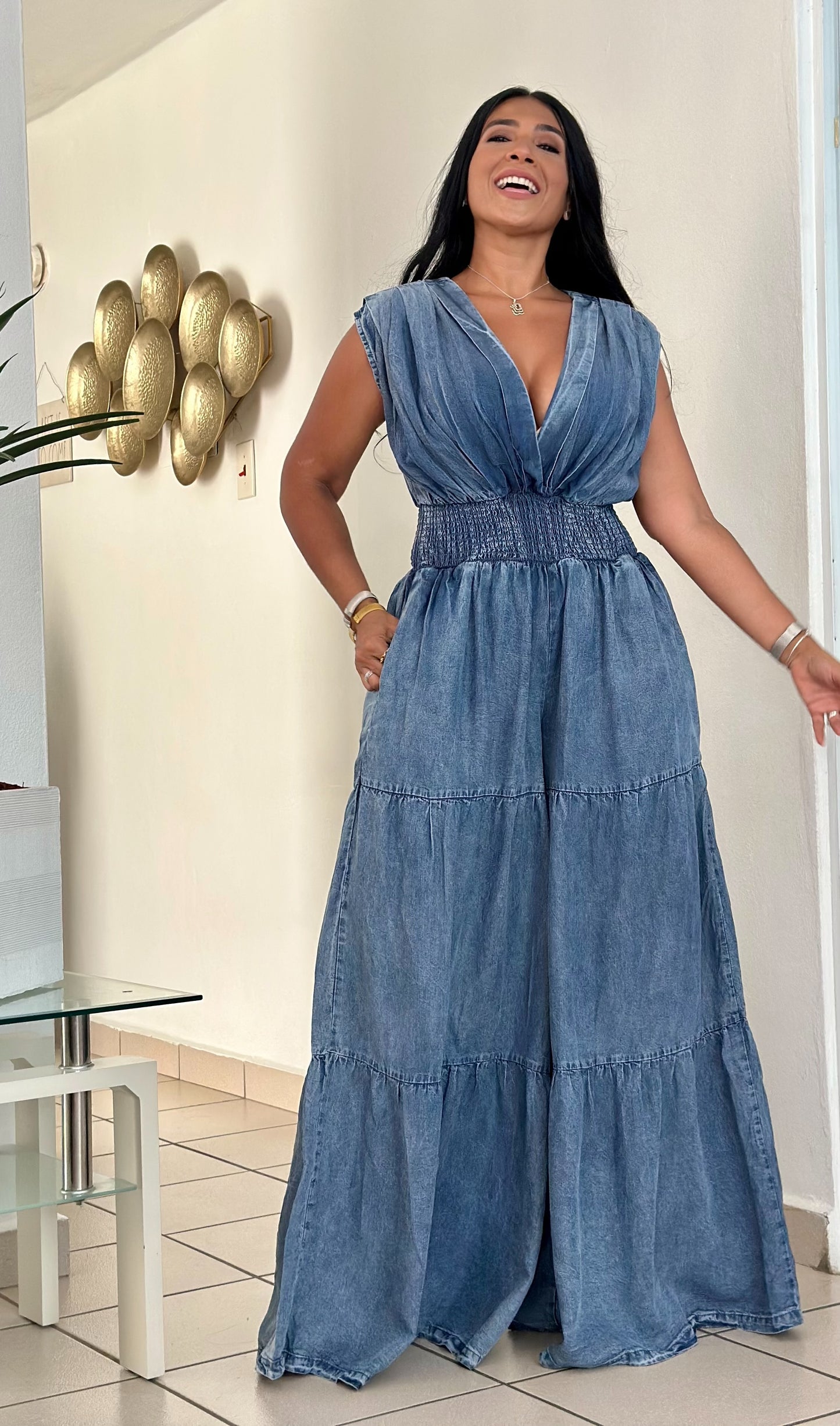 De Lujo Oversized Spandex DENIM Blue Jumpsuit (Sumamente expandible. Puedes bajarle una talla) With Pockets
