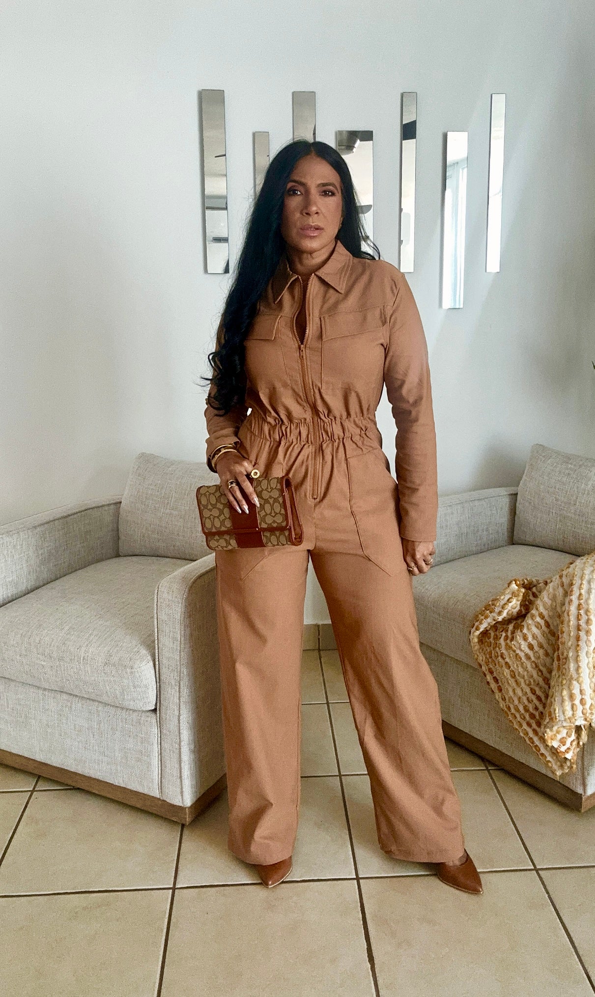 Tan Tan Oversized Spandex Jumpsuit With Pockets Wide Leg