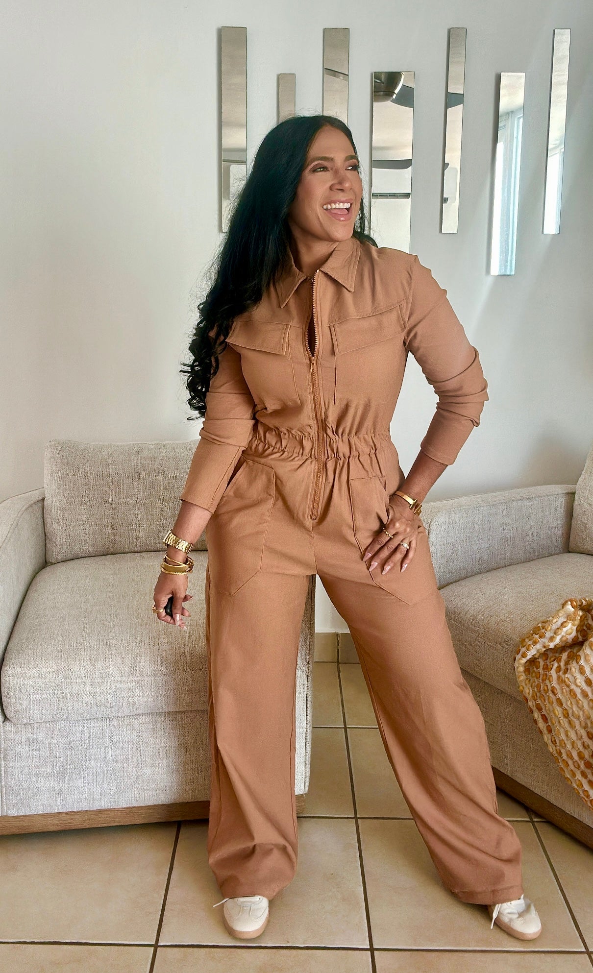 Tan Tan Oversized Spandex Jumpsuit With Pockets Wide Leg