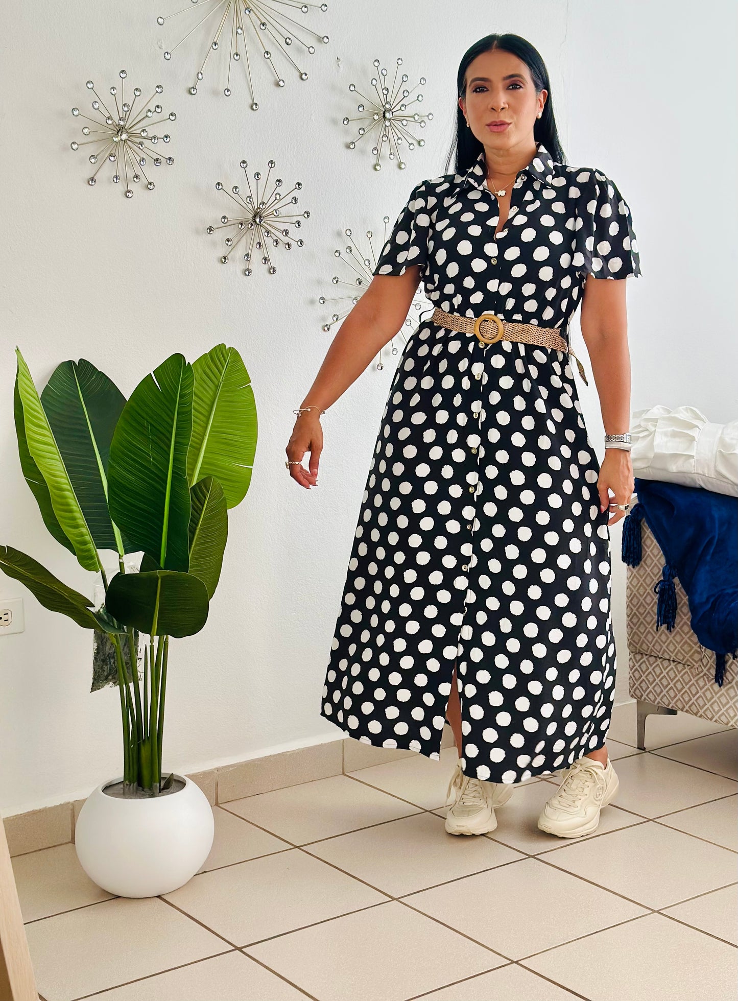 Polka Dots Black and White Spandex Midi Dress (Incluye cinturón removible) bien cómodo y expandible