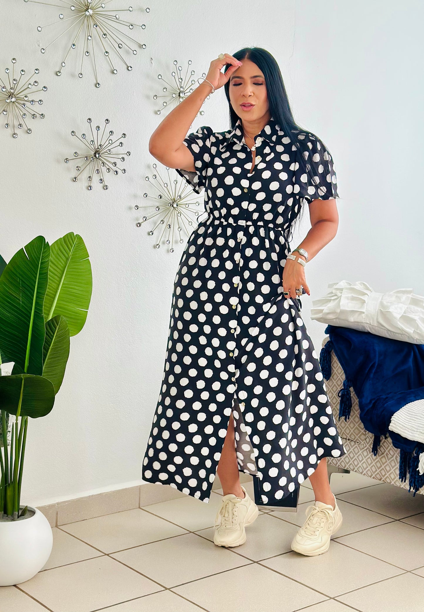 Polka Dots Black and White Spandex Midi Dress (Incluye cinturón removible) bien cómodo y expandible