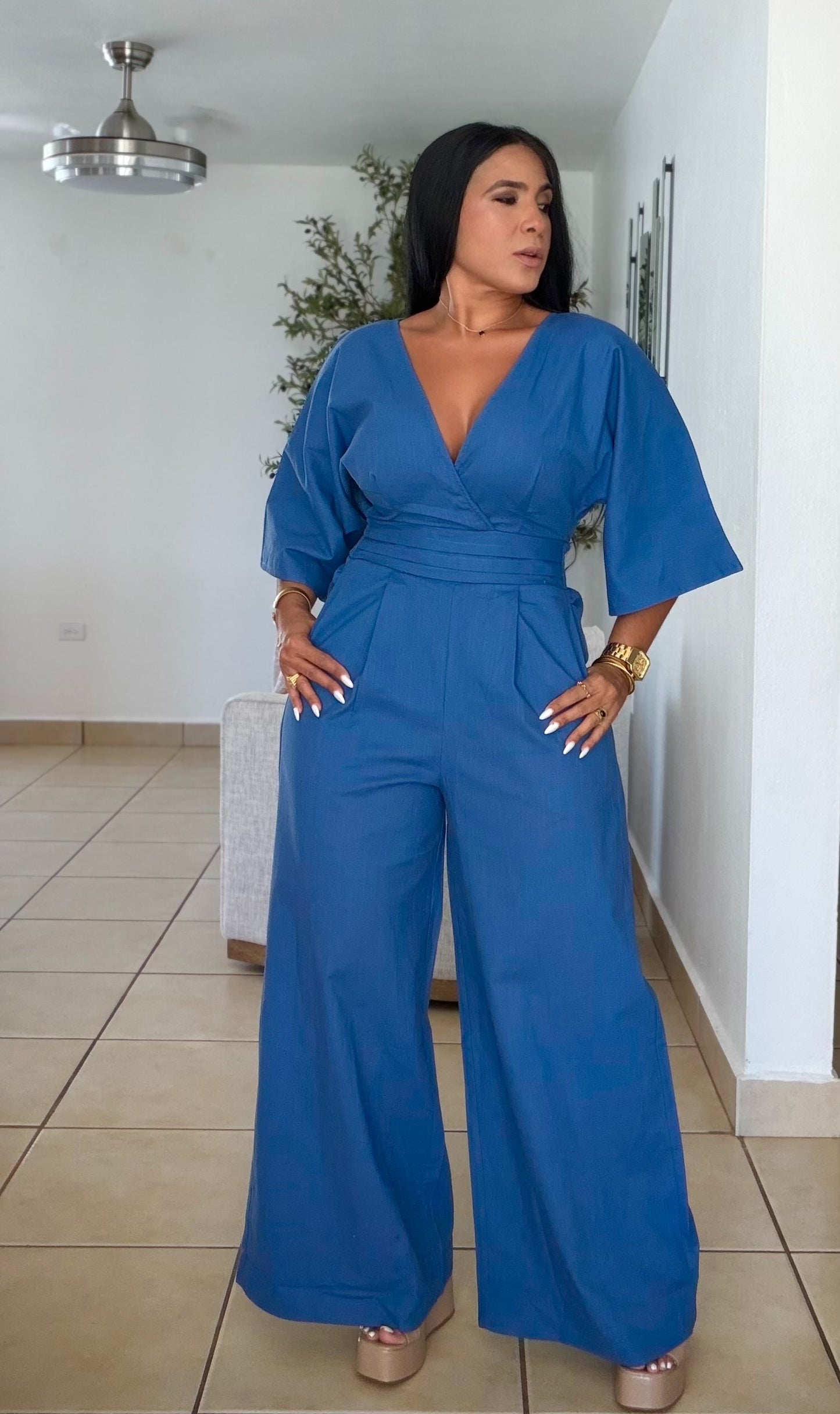 Bello Blue (azul) Bien Spandex Wide Leg Jumpsuit (tiene bolsillos)