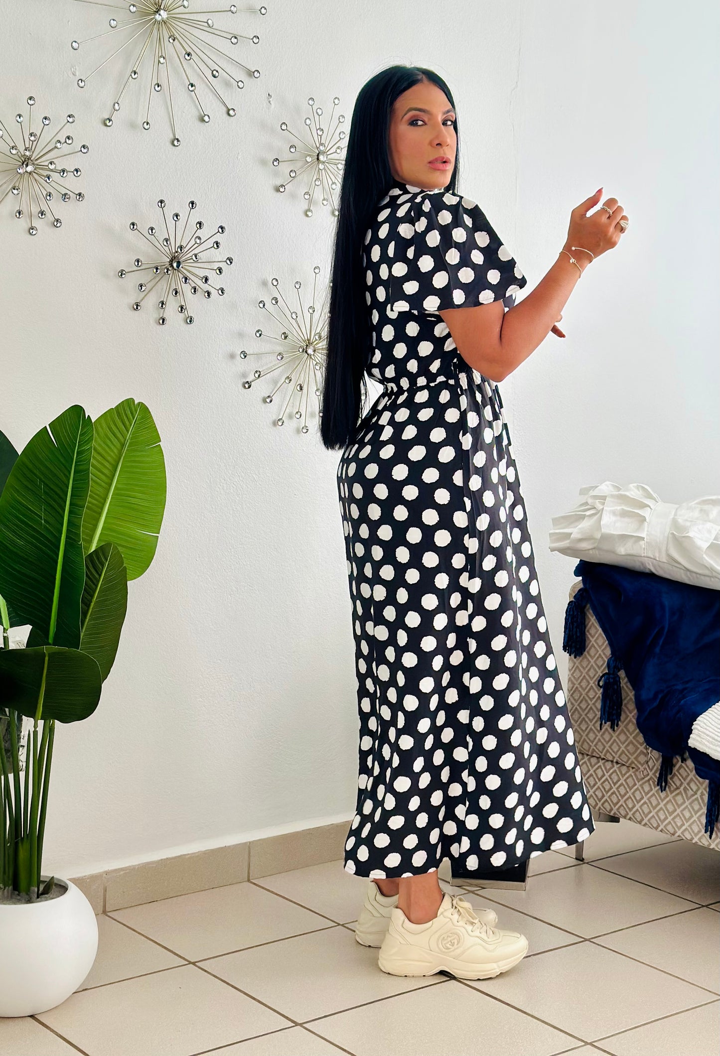 Polka Dots Black and White Spandex Midi Dress (Incluye cinturón removible) bien cómodo y expandible