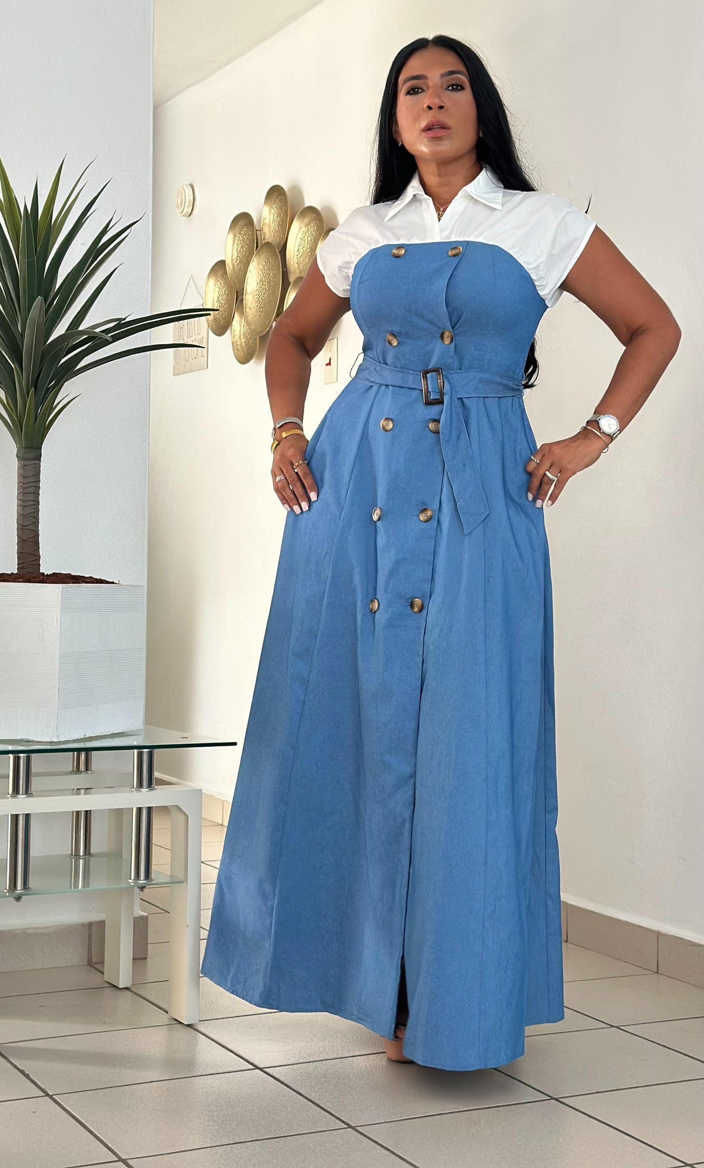 Ellas Spandex Blue DENIM Maxi Dress (Inclue cinturón removible, tiene bolsillos, liviano y totalmente suelto)
