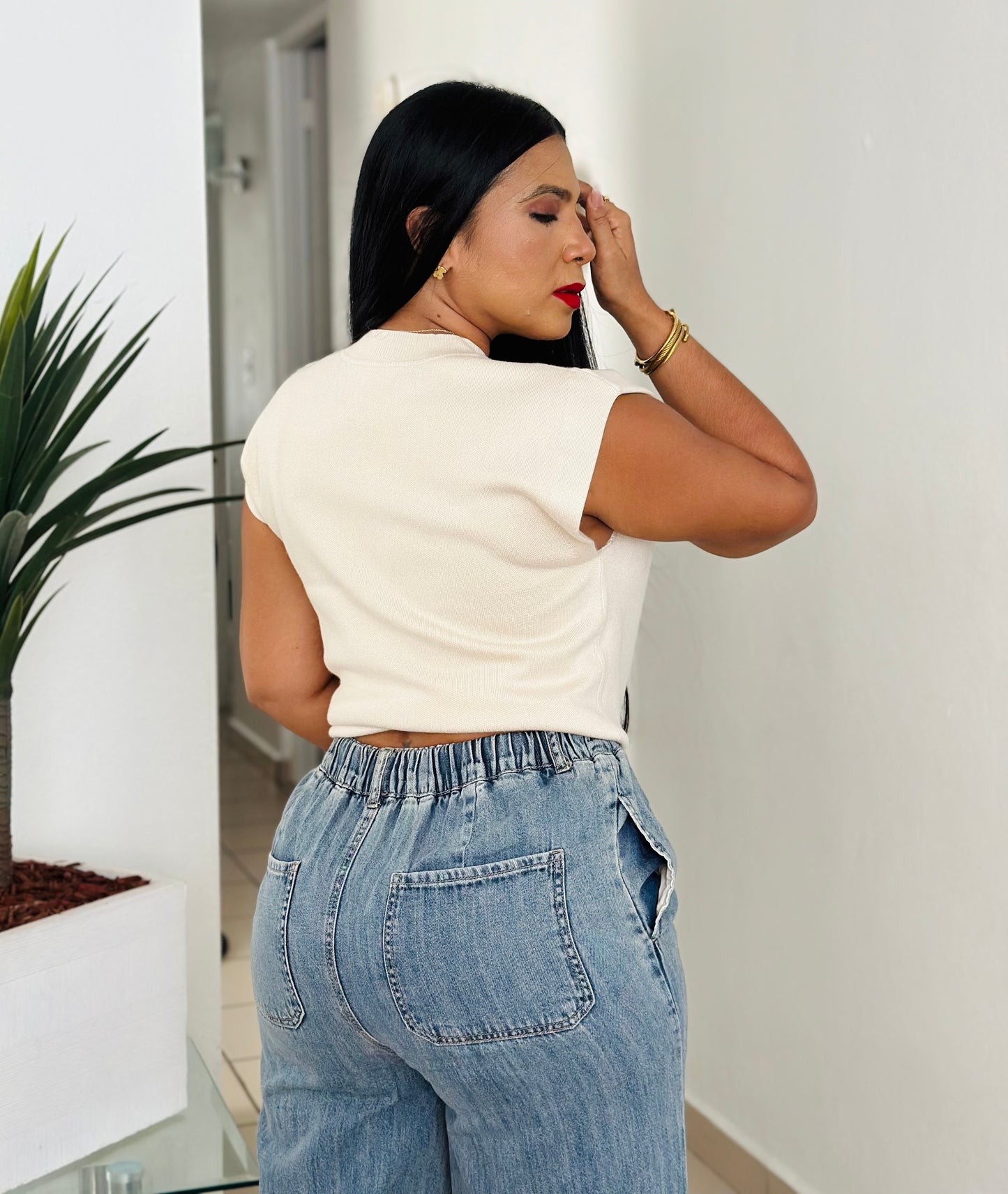 Wide Leg Spandex Blue Denim Pants