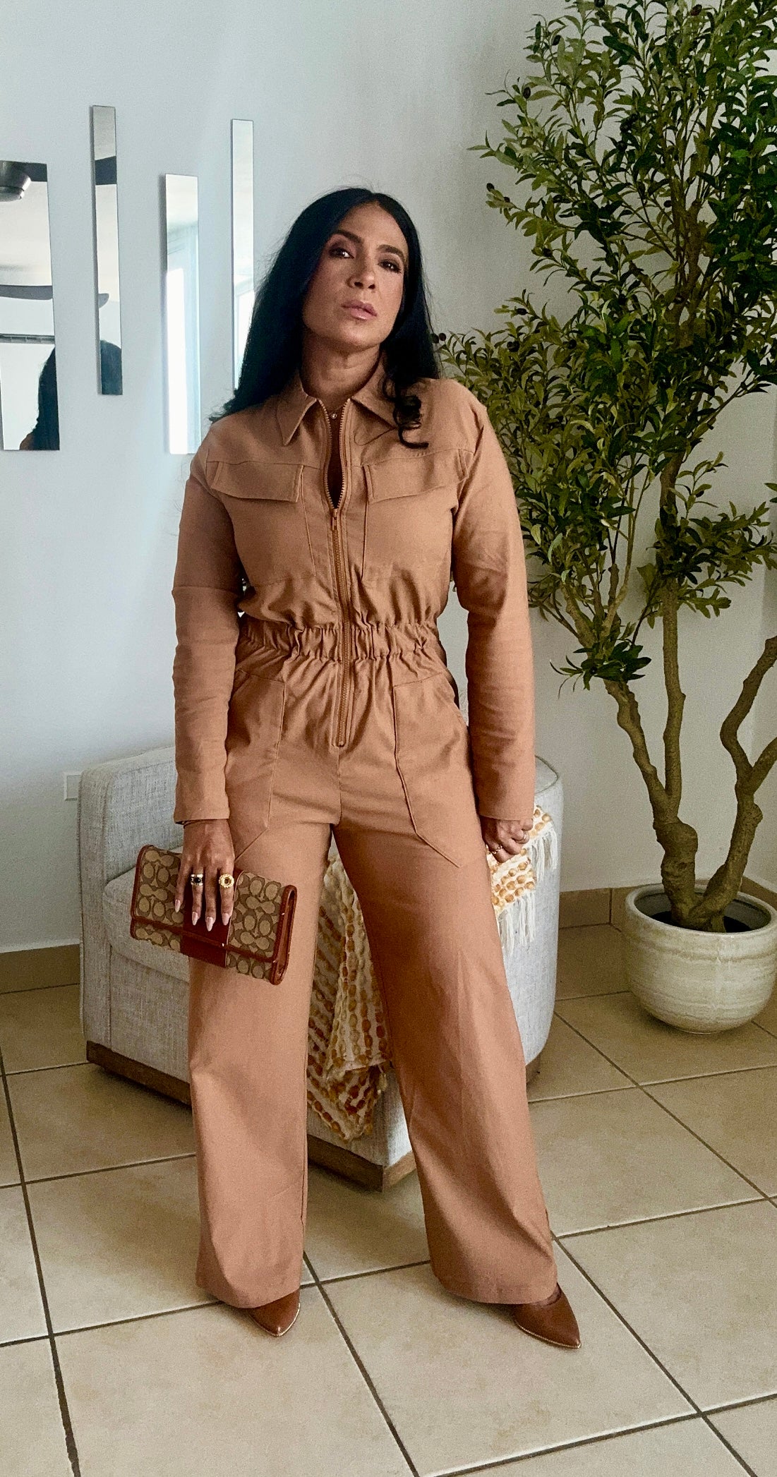 Tan Tan Oversized Spandex Jumpsuit With Pockets Wide Leg