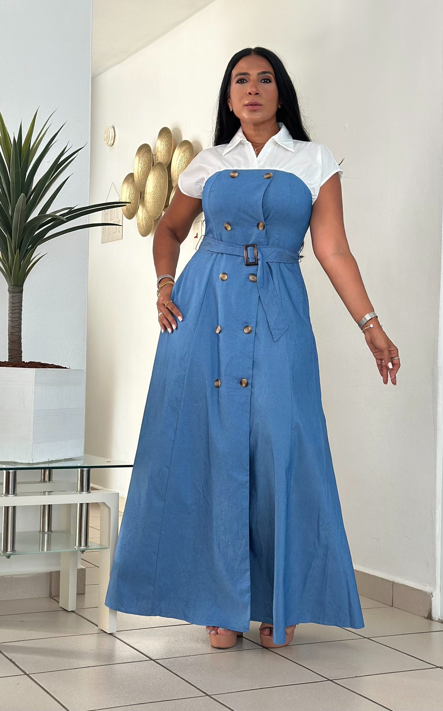 Ellas Spandex Blue DENIM Maxi Dress (Inclue cinturón removible, tiene bolsillos, liviano y totalmente suelto)
