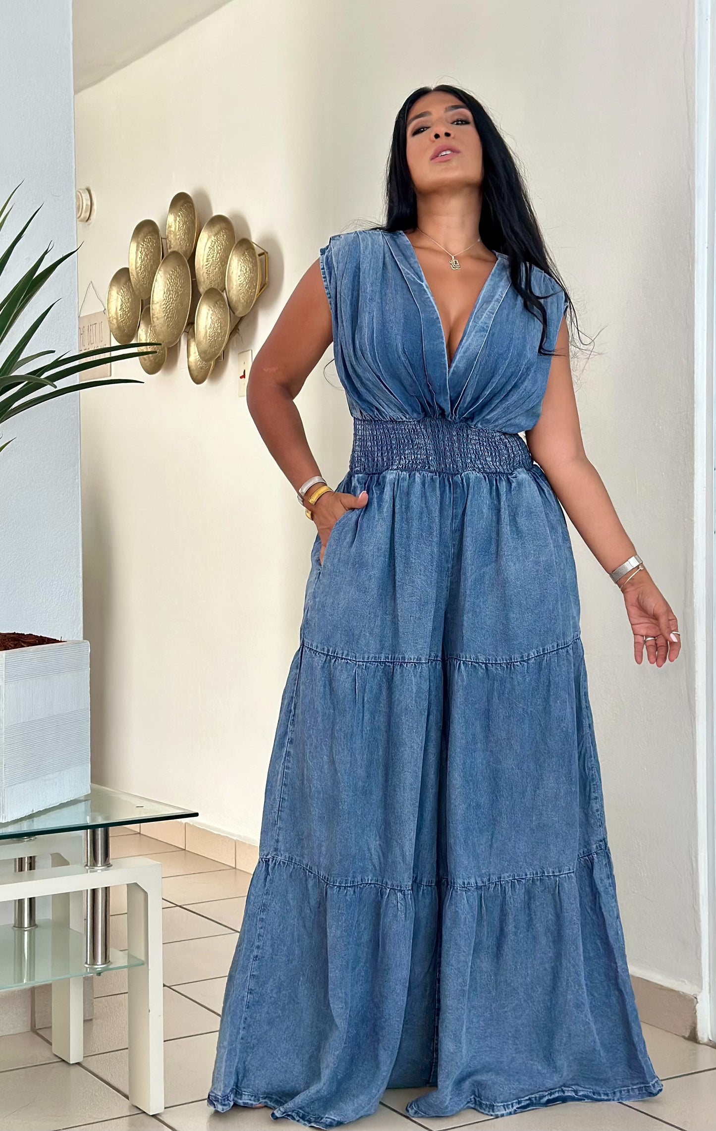 De Lujo Oversized Spandex DENIM Blue Jumpsuit (Sumamente expandible. Puedes bajarle una talla) With Pockets