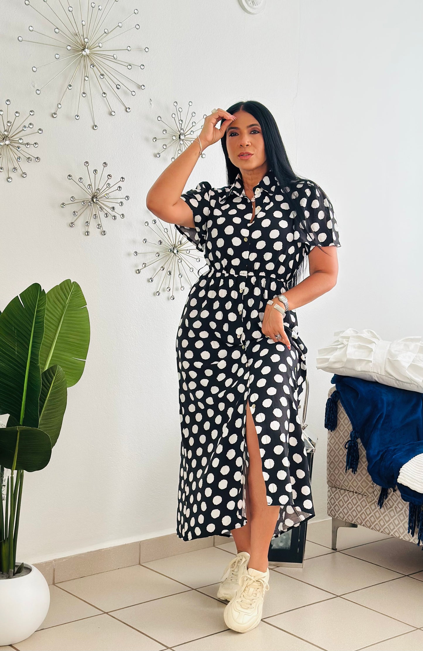 Polka Dots Black and White Spandex Midi Dress (Incluye cinturón removible) bien cómodo y expandible