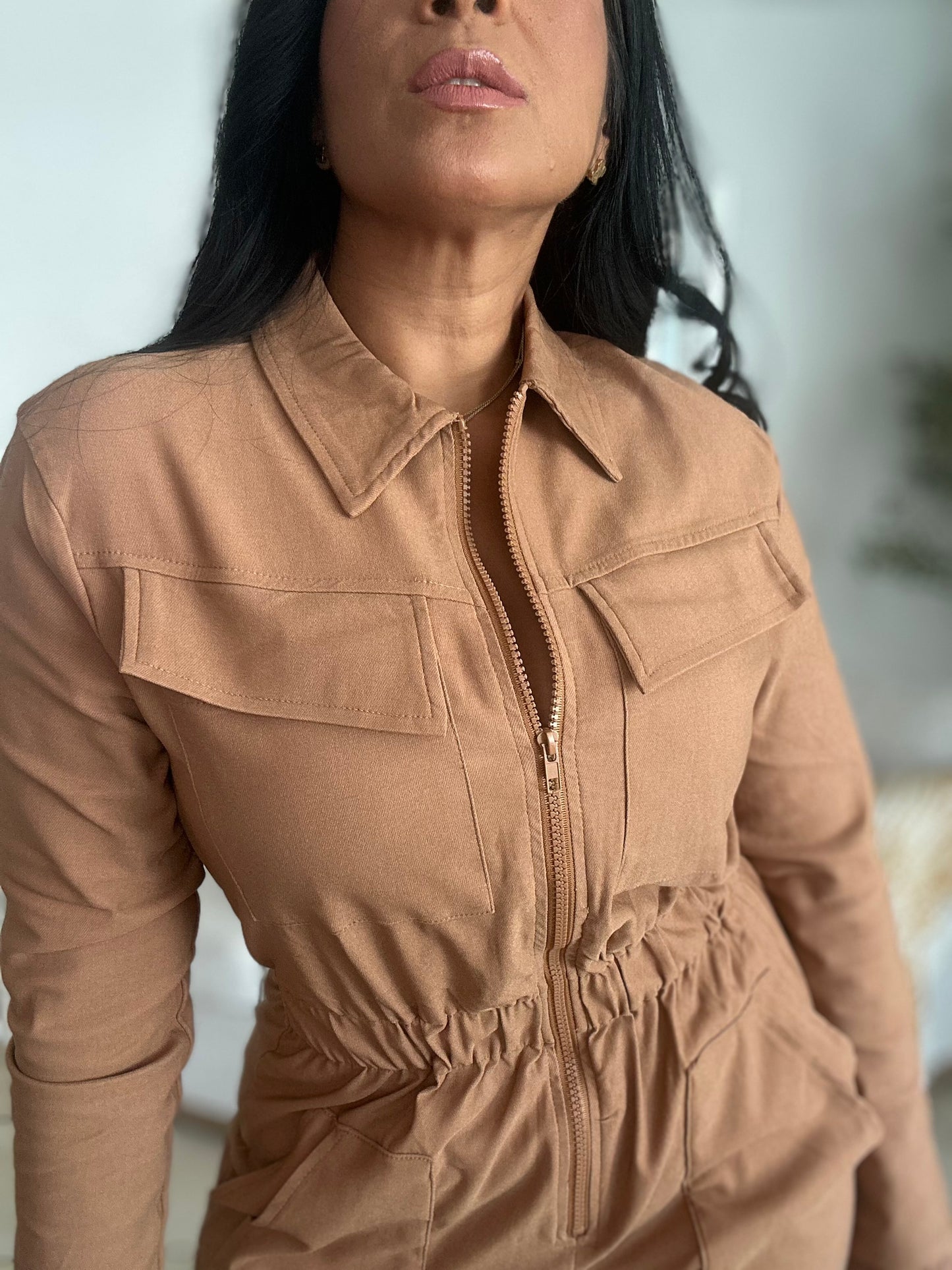 Tan Tan Oversized Spandex Jumpsuit With Pockets Wide Leg