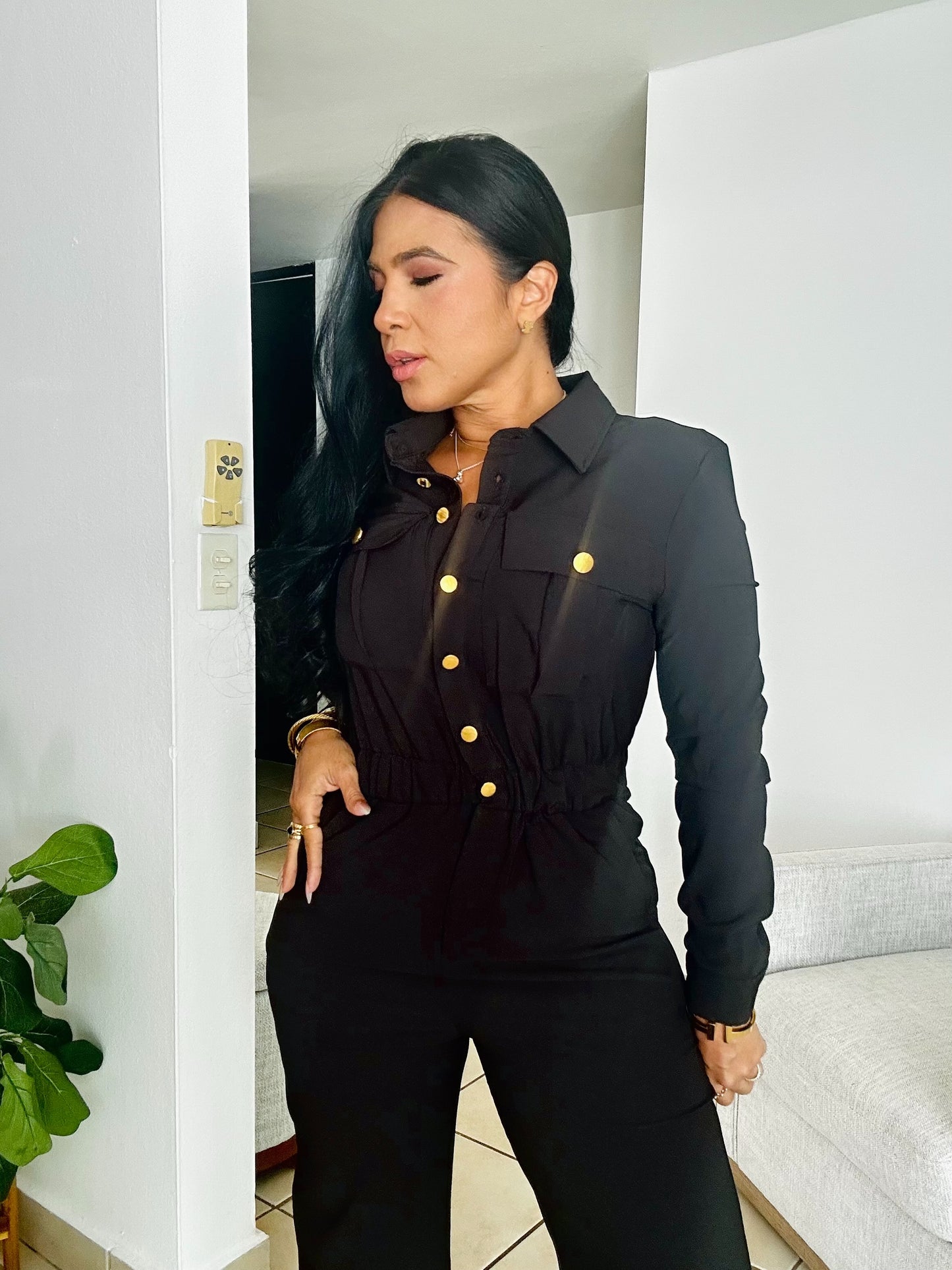Vallenato Black Spandex Jumpsuit With Pockets (botones dorados)