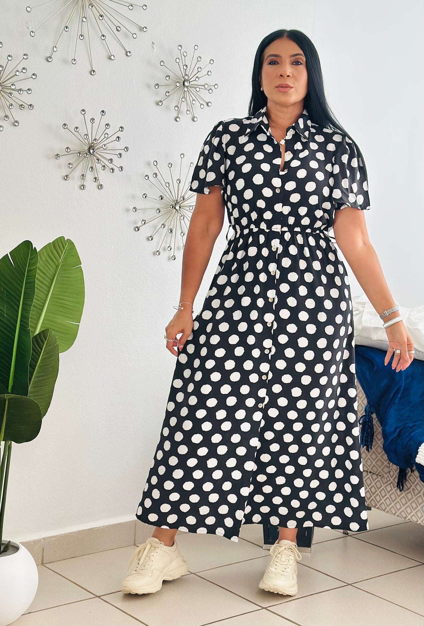 Polka Dots Black and White Spandex Midi Dress (Incluye cinturón removible) bien cómodo y expandible