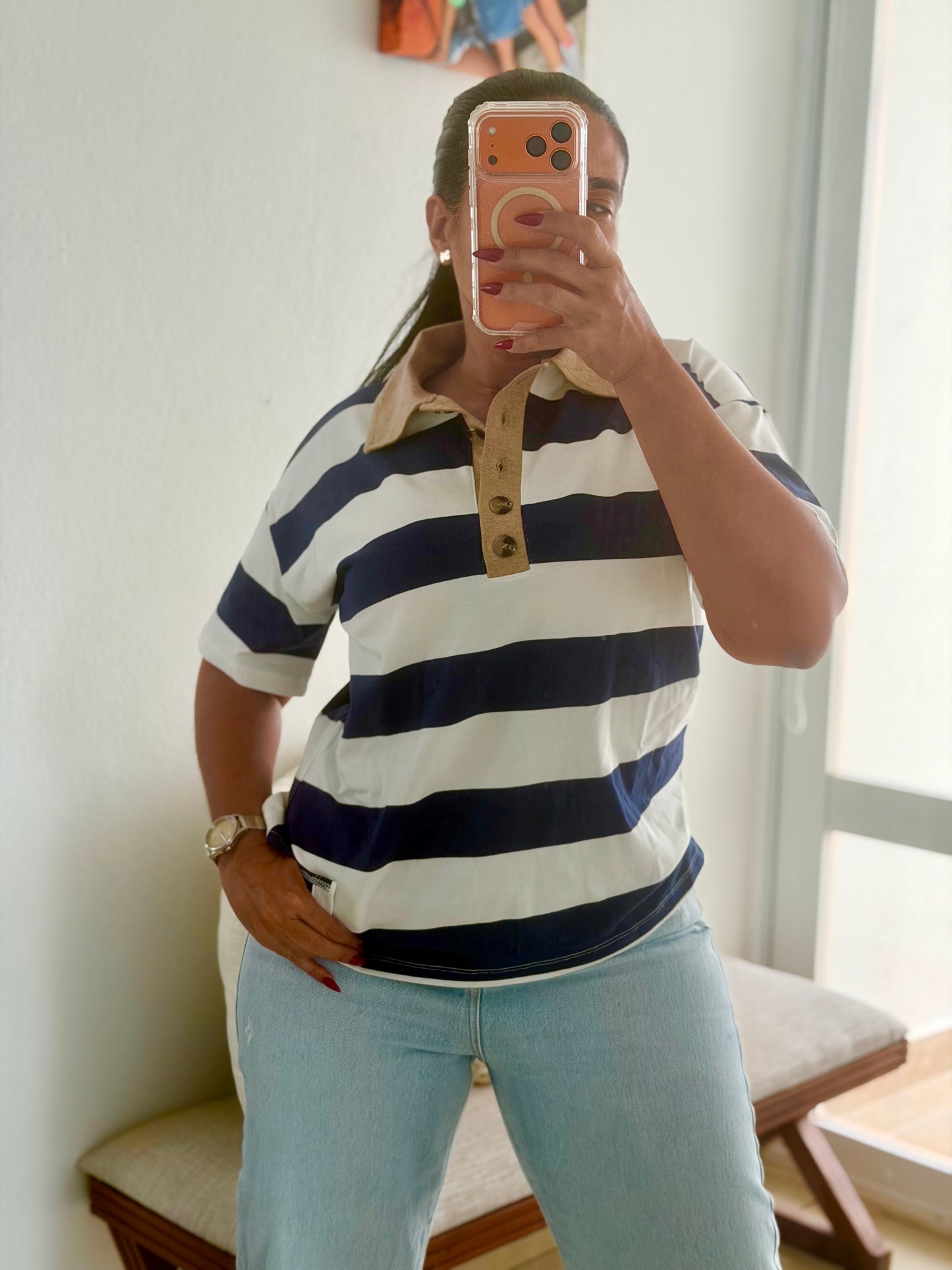 Navy Blue Striped Spandex Polo Top (SOLD)