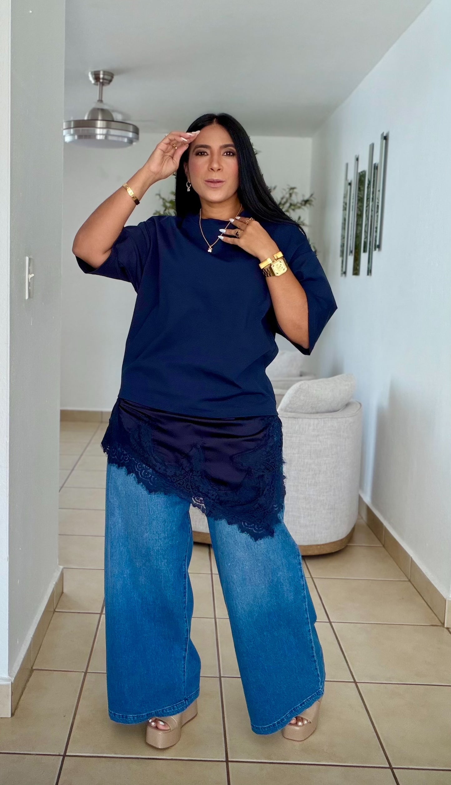 Lulu Oversized Luxe Navy Blue Shirt with lace