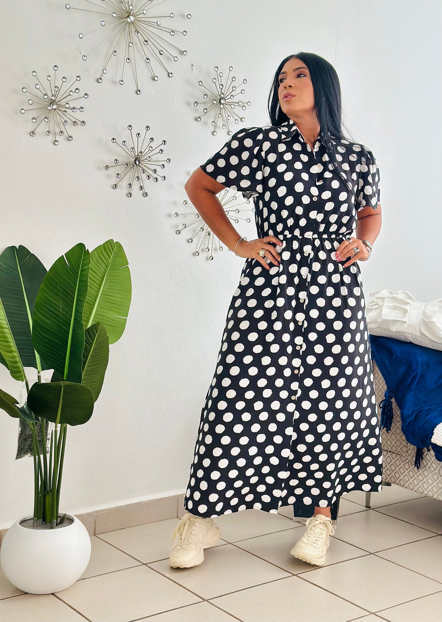 Polka Dots Black and White Spandex Midi Dress (Incluye cinturón removible) bien cómodo y expandible