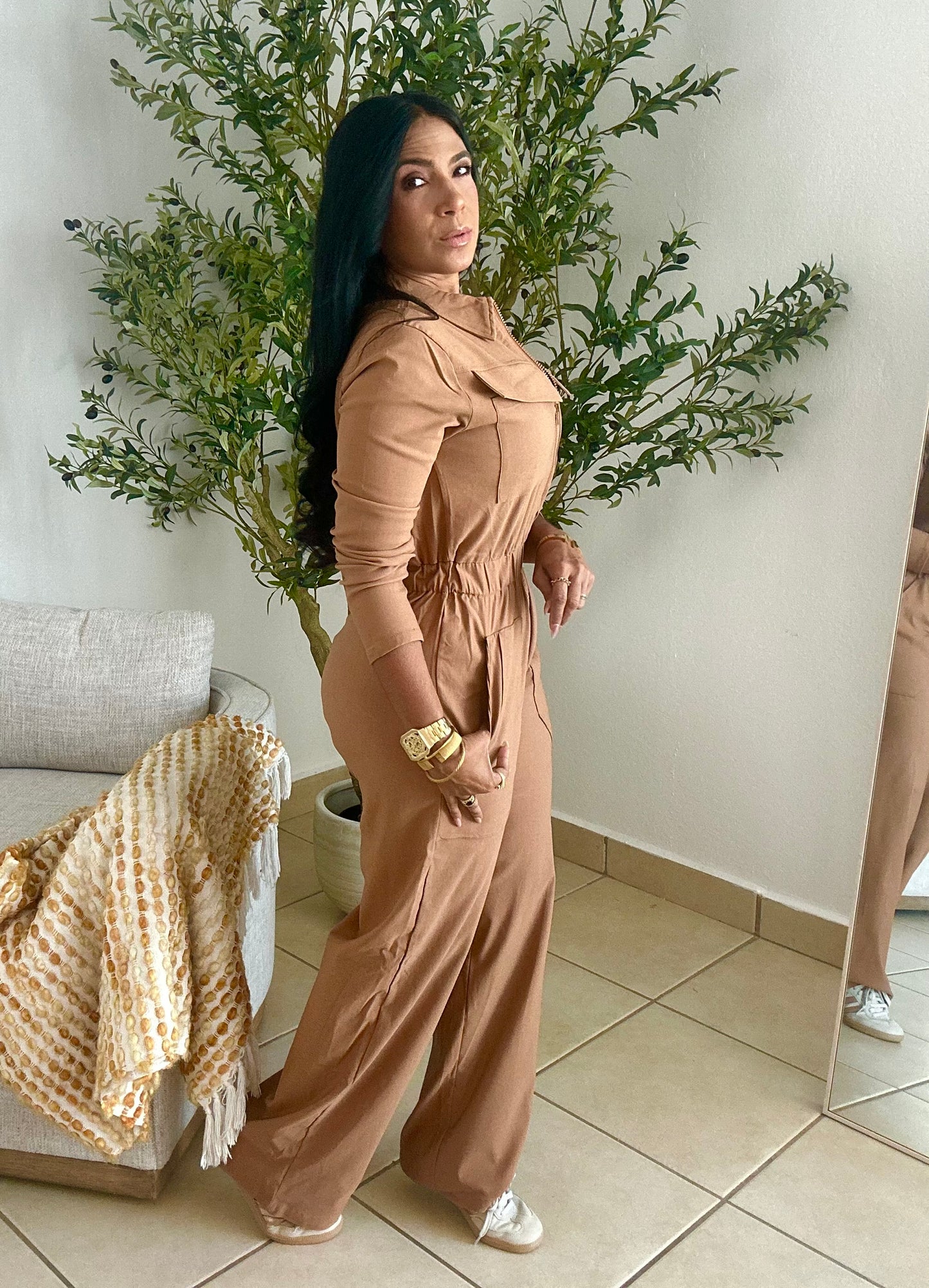 Tan Tan Oversized Spandex Jumpsuit With Pockets Wide Leg