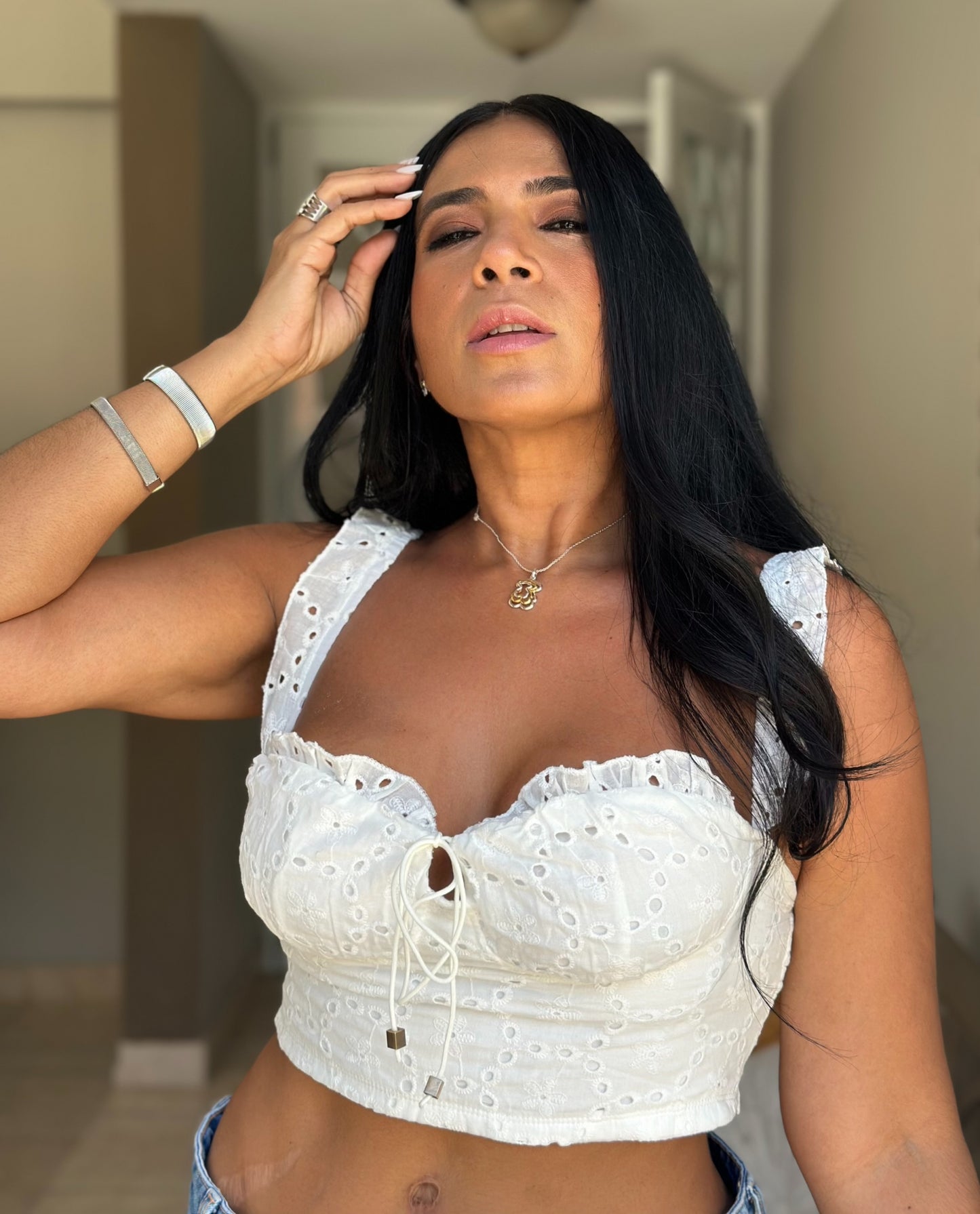 Mudanza White Spandex Eyelet Top