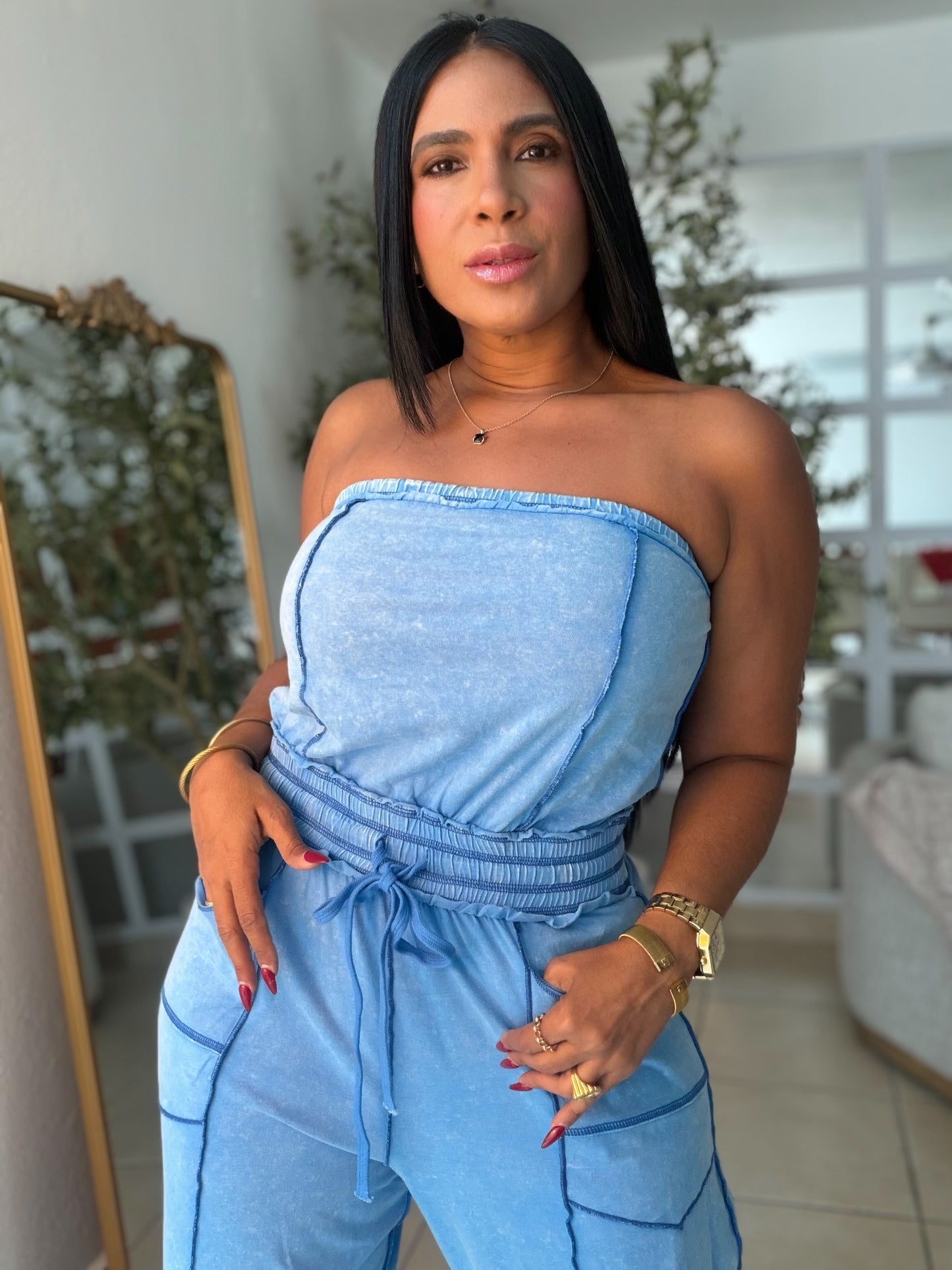 Azul Como Denim Expandible (Spandex) Total Baggy Jumpsuit con bolsillos