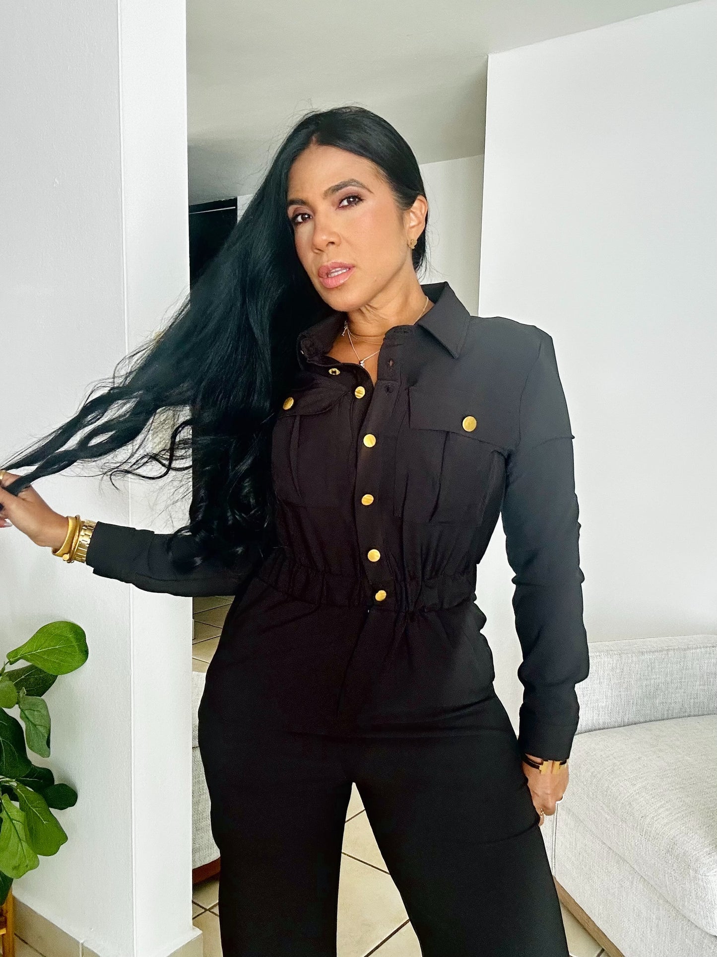 Vallenato Black Spandex Jumpsuit With Pockets (botones dorados)