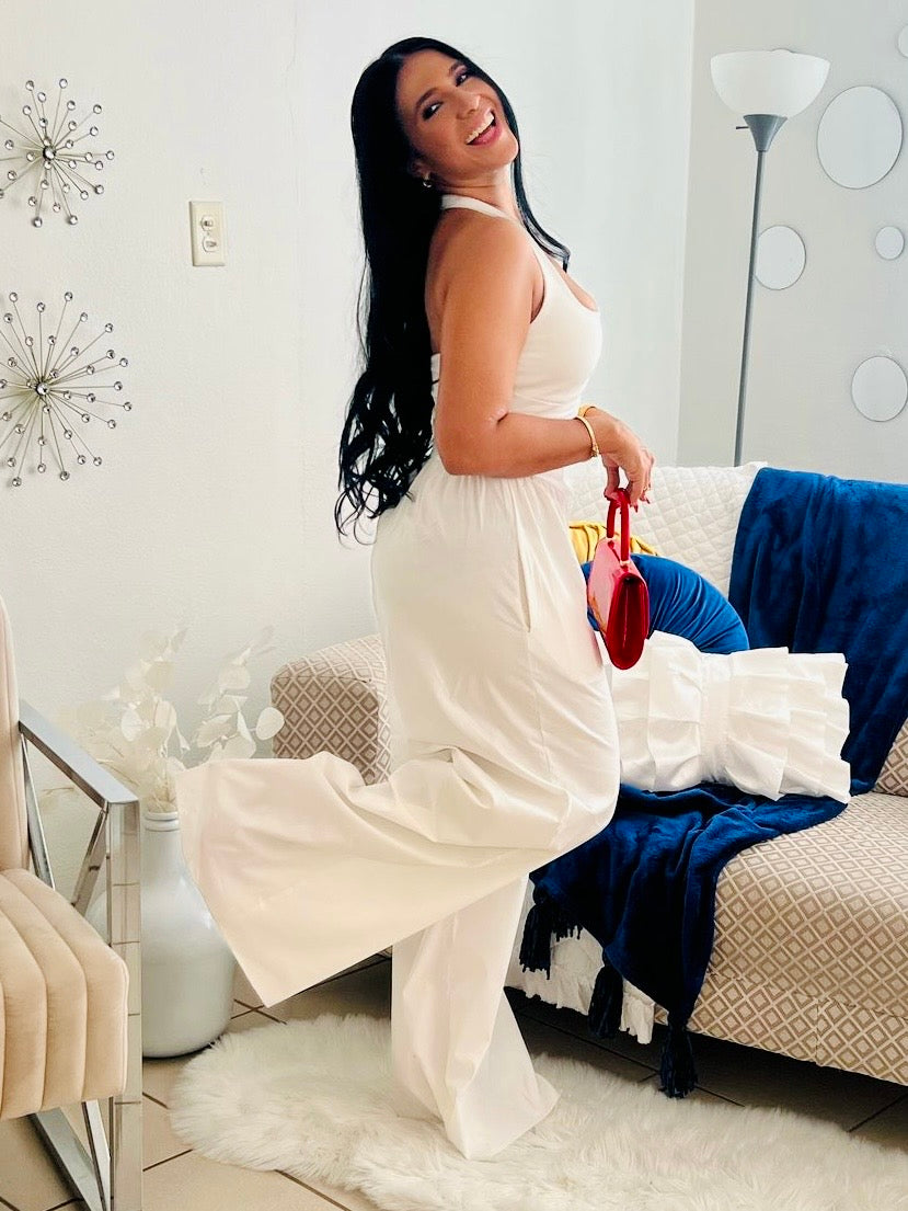 Luxe White Spandex Wide Leg Jumpsuit (Tiene bolsillos)