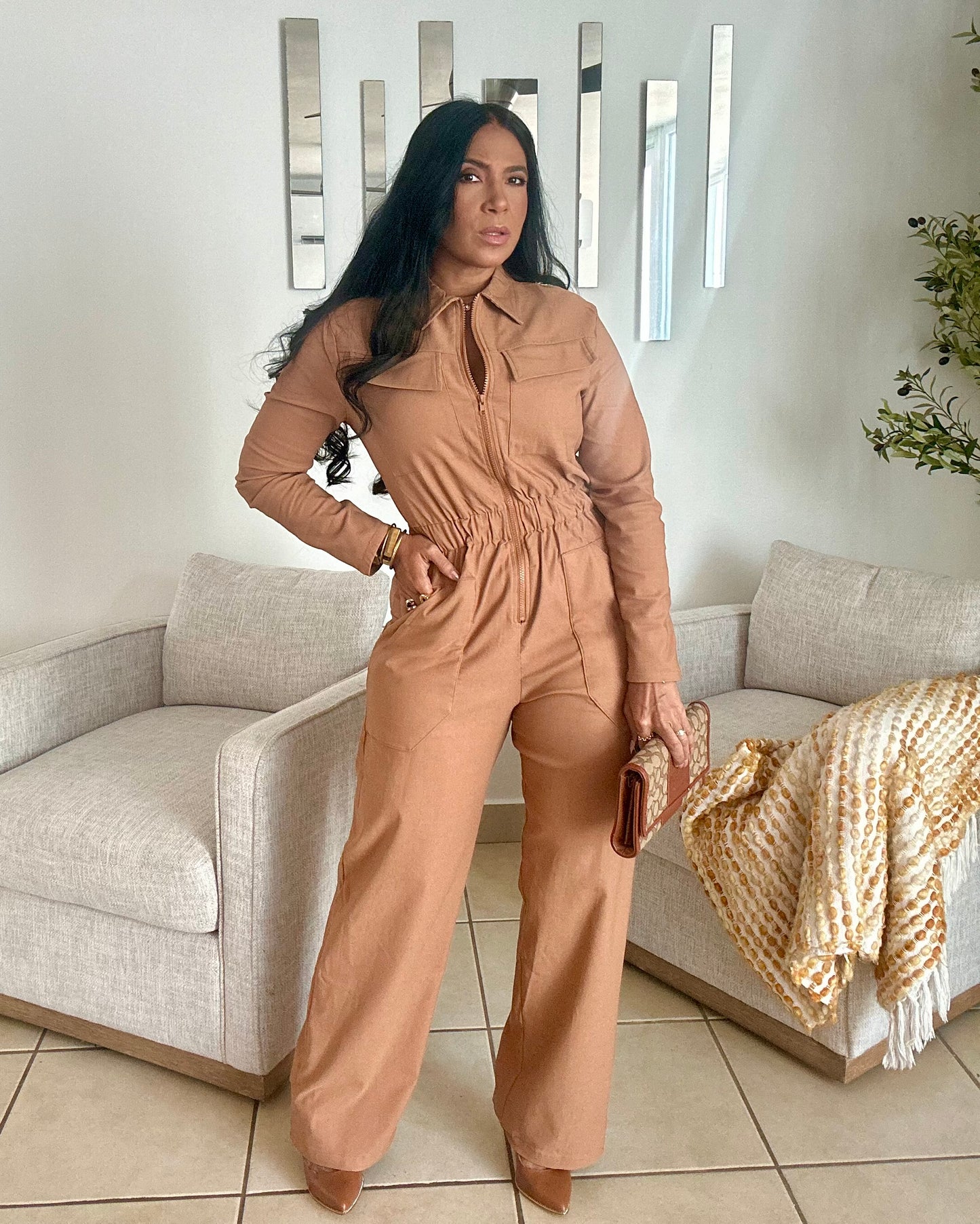 Tan Tan Oversized Spandex Jumpsuit With Pockets Wide Leg