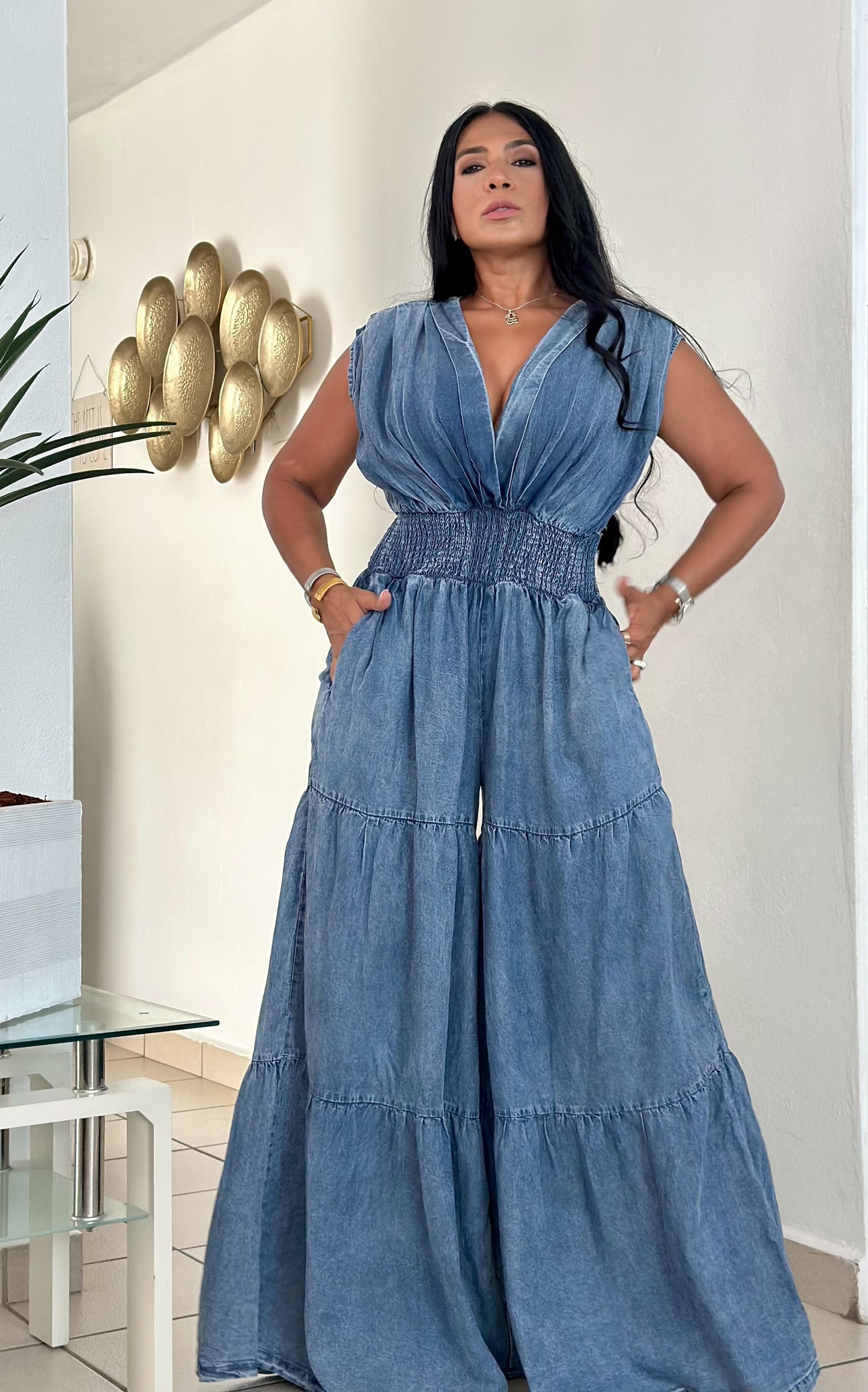 De Lujo Oversized Spandex DENIM Blue Jumpsuit (Sumamente expandible. Puedes bajarle una talla) With Pockets