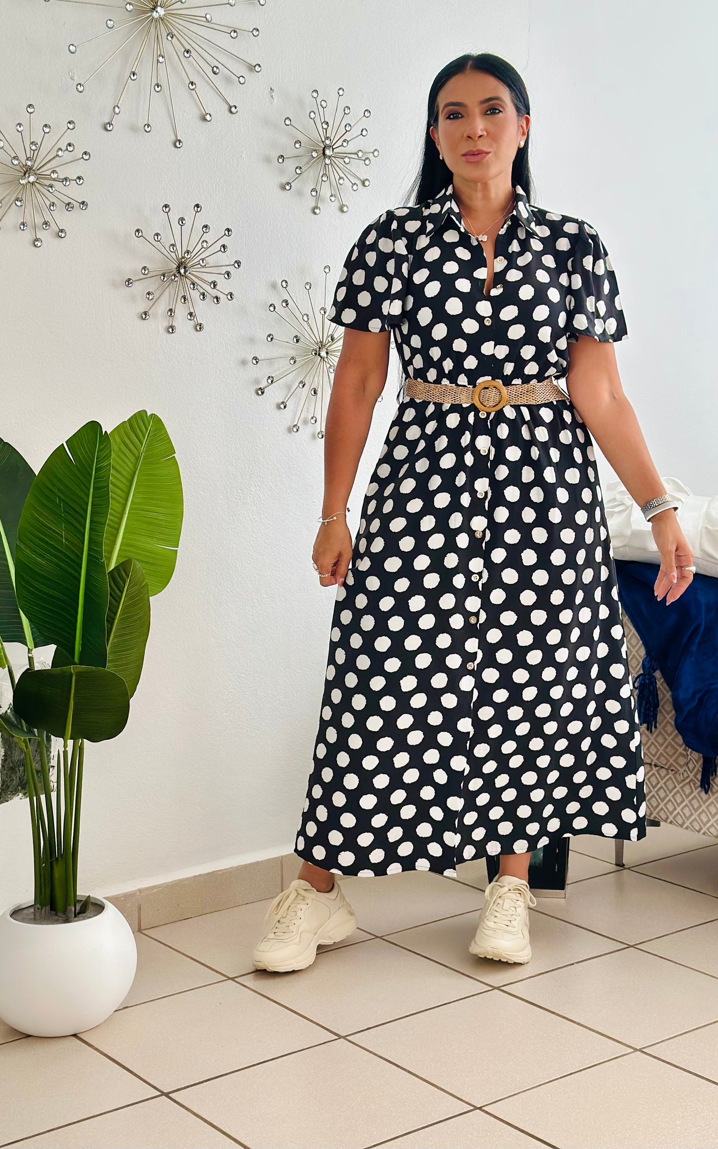 Polka Dots Black and White Spandex Midi Dress (Incluye cinturón removible) bien cómodo y expandible