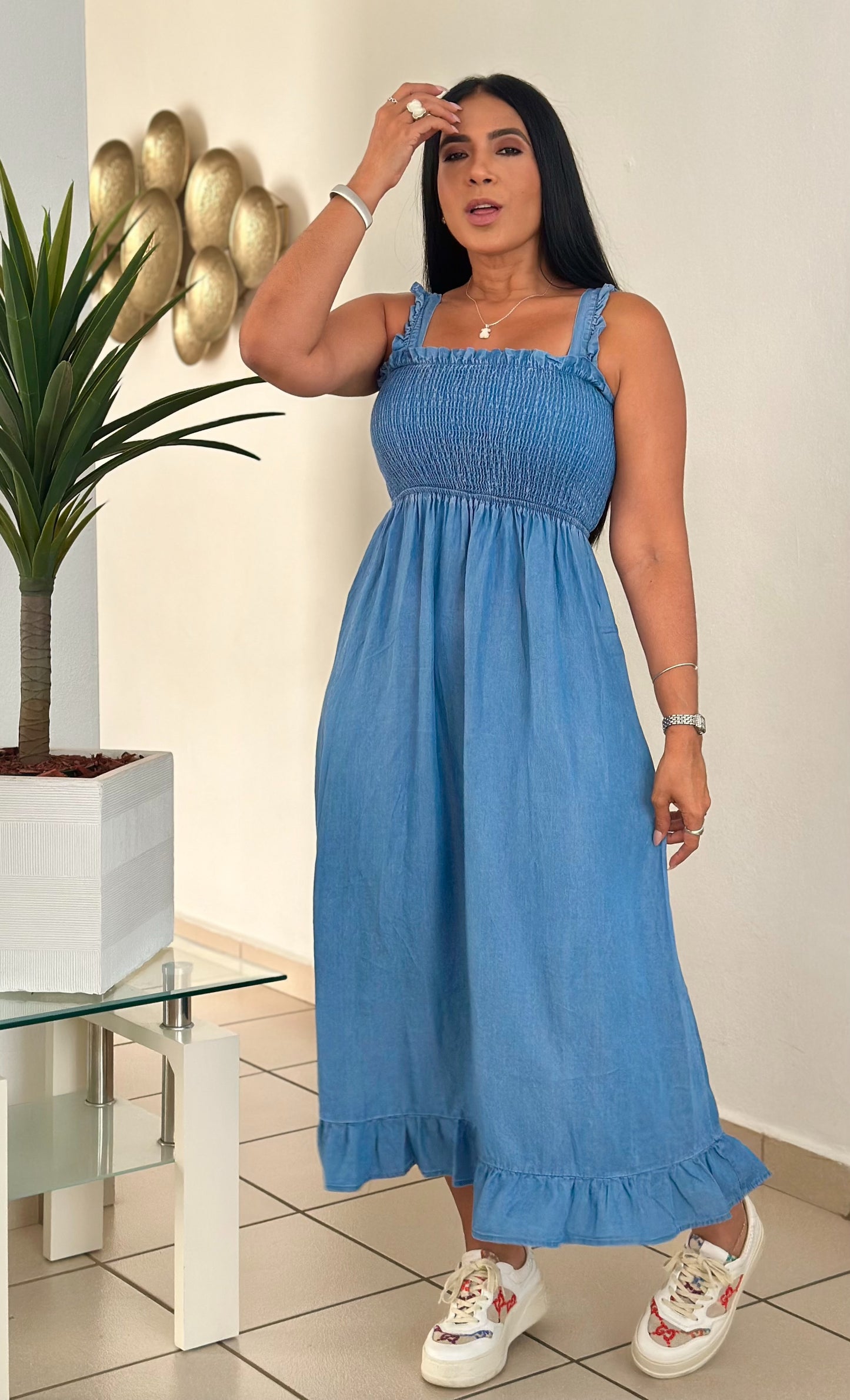 Caribe Blue Denim Spandex Midi Dress