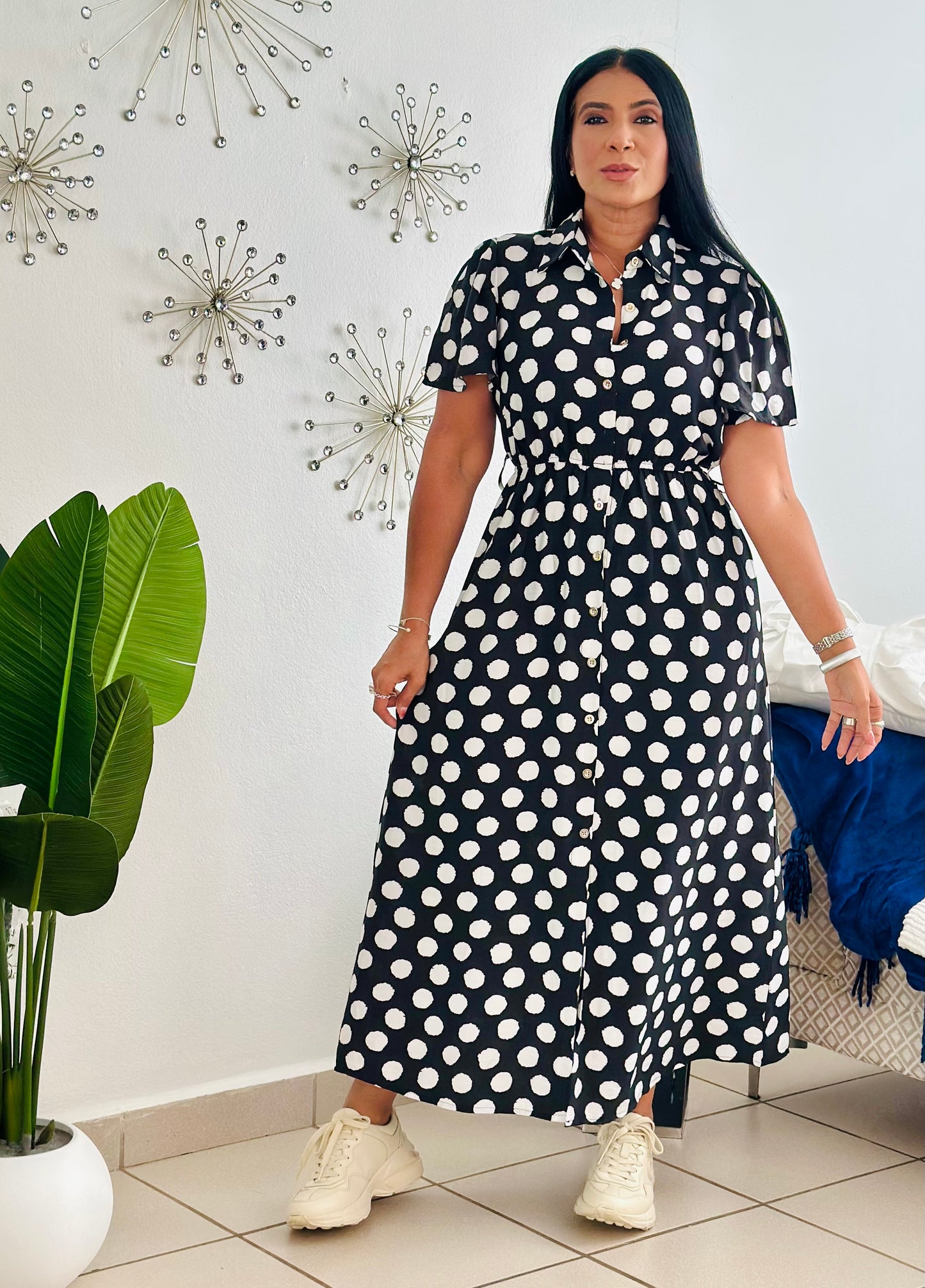 Polka Dots Black and White Spandex Midi Dress (Incluye cinturón removible) bien cómodo y expandible
