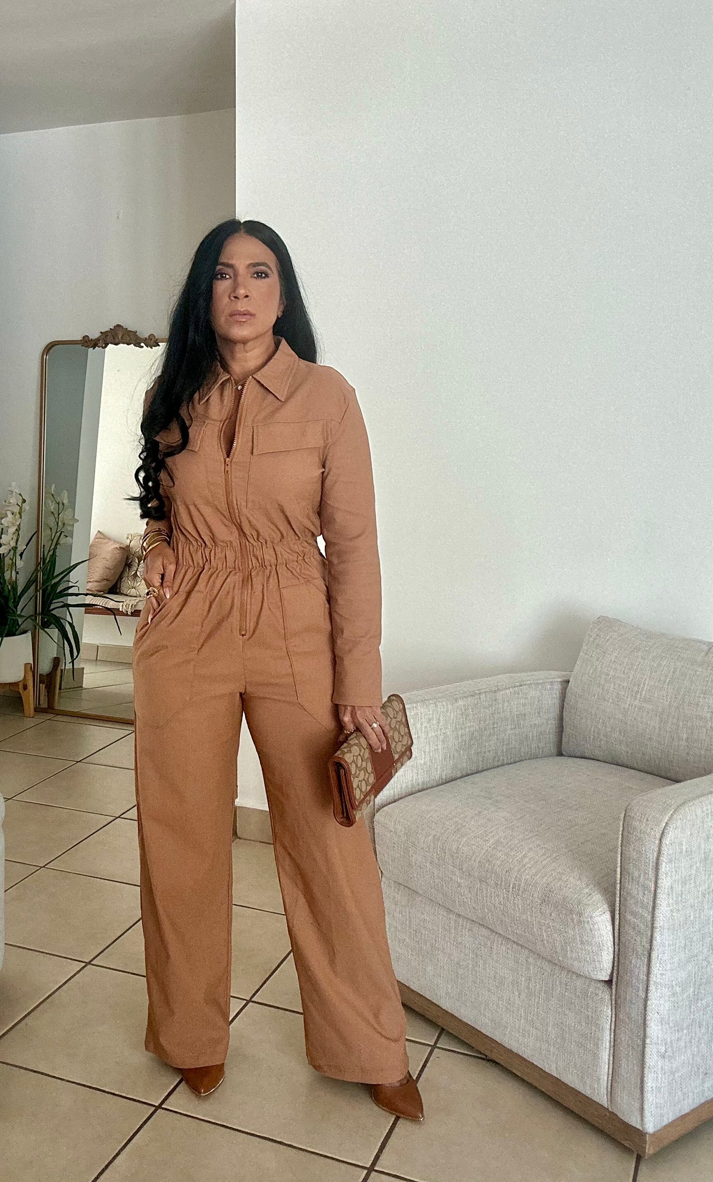 Tan Tan Oversized Spandex Jumpsuit With Pockets Wide Leg