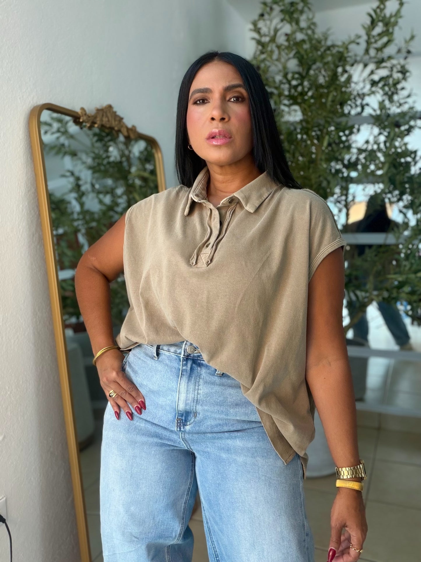 Mocha Beige Luxe Urban 100% cotton Long Top