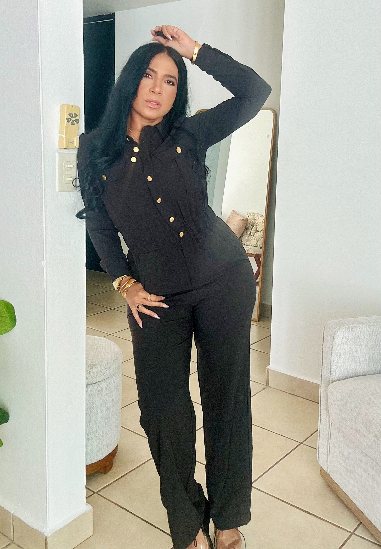 Vallenato Black Spandex Jumpsuit With Pockets (botones dorados)