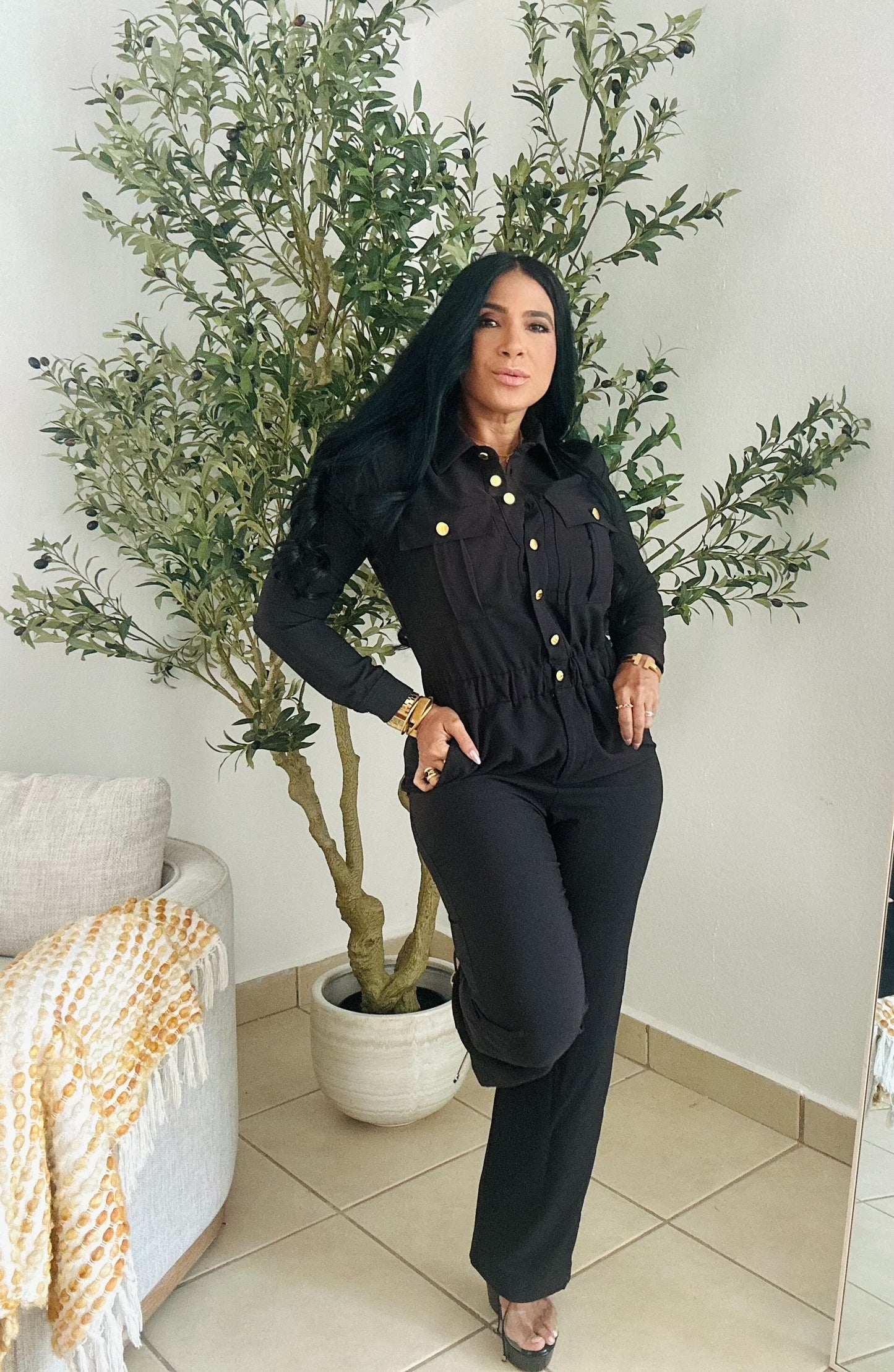 Vallenato Black Spandex Jumpsuit With Pockets (botones dorados)