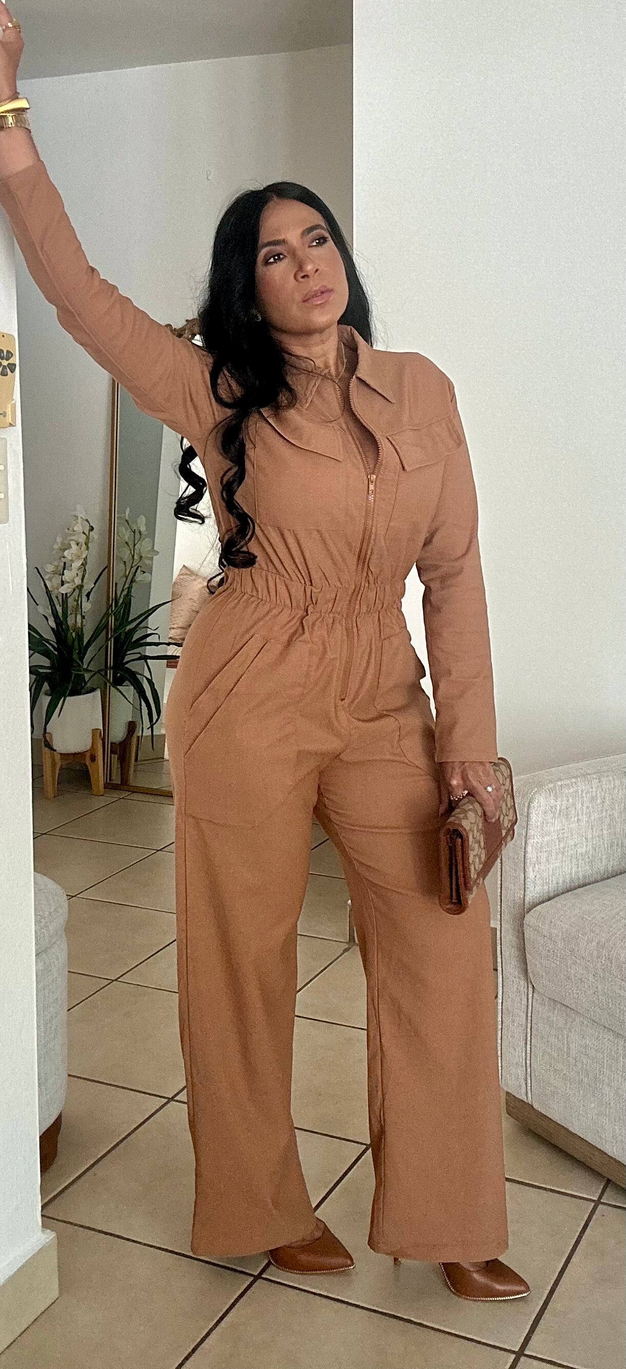 Tan Tan Oversized Spandex Jumpsuit With Pockets Wide Leg
