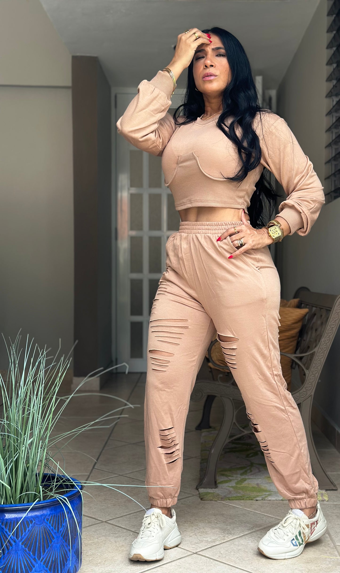 De Jevas Spandex Mocha Set (tiene bolsillos y es biennn expandible)