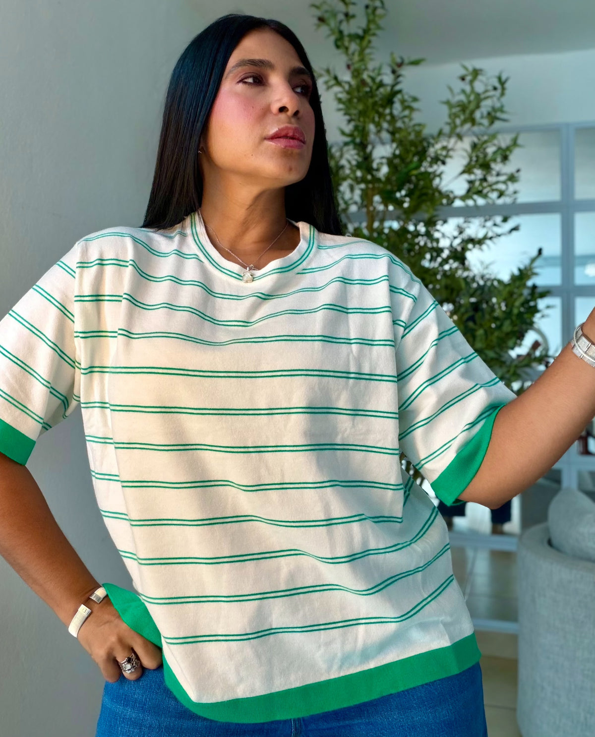 White and Kelly Green Striped (lìneas) Oversized Premium Top Para todo el Año (SOLD OUT GRACIAS)