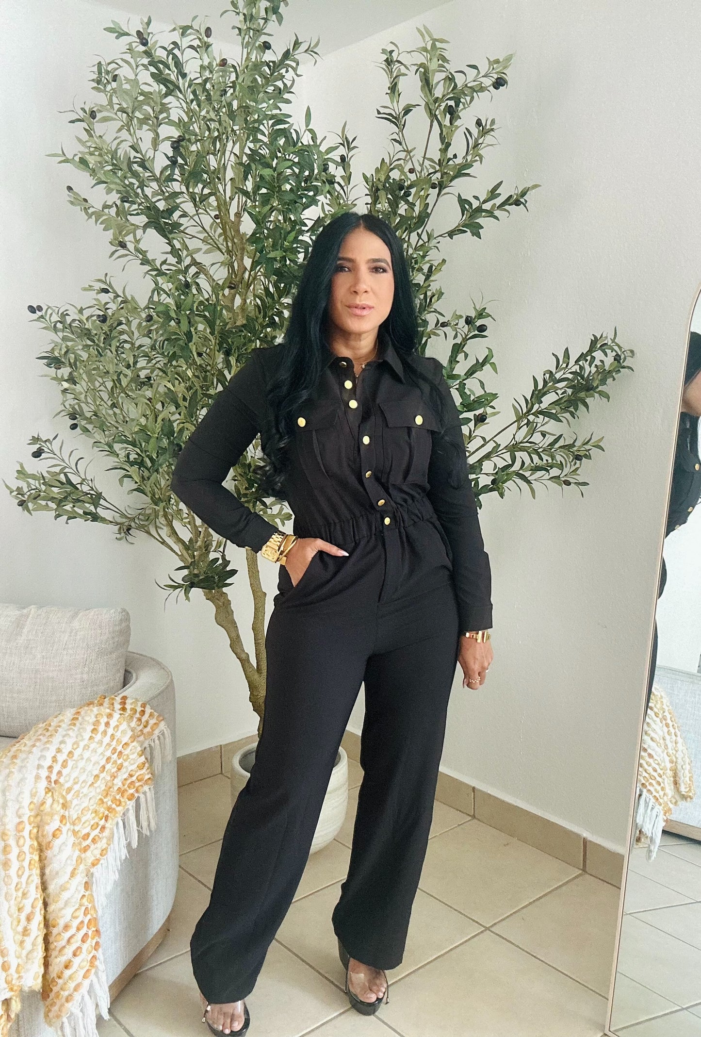 Vallenato Black Spandex Jumpsuit With Pockets (botones dorados)