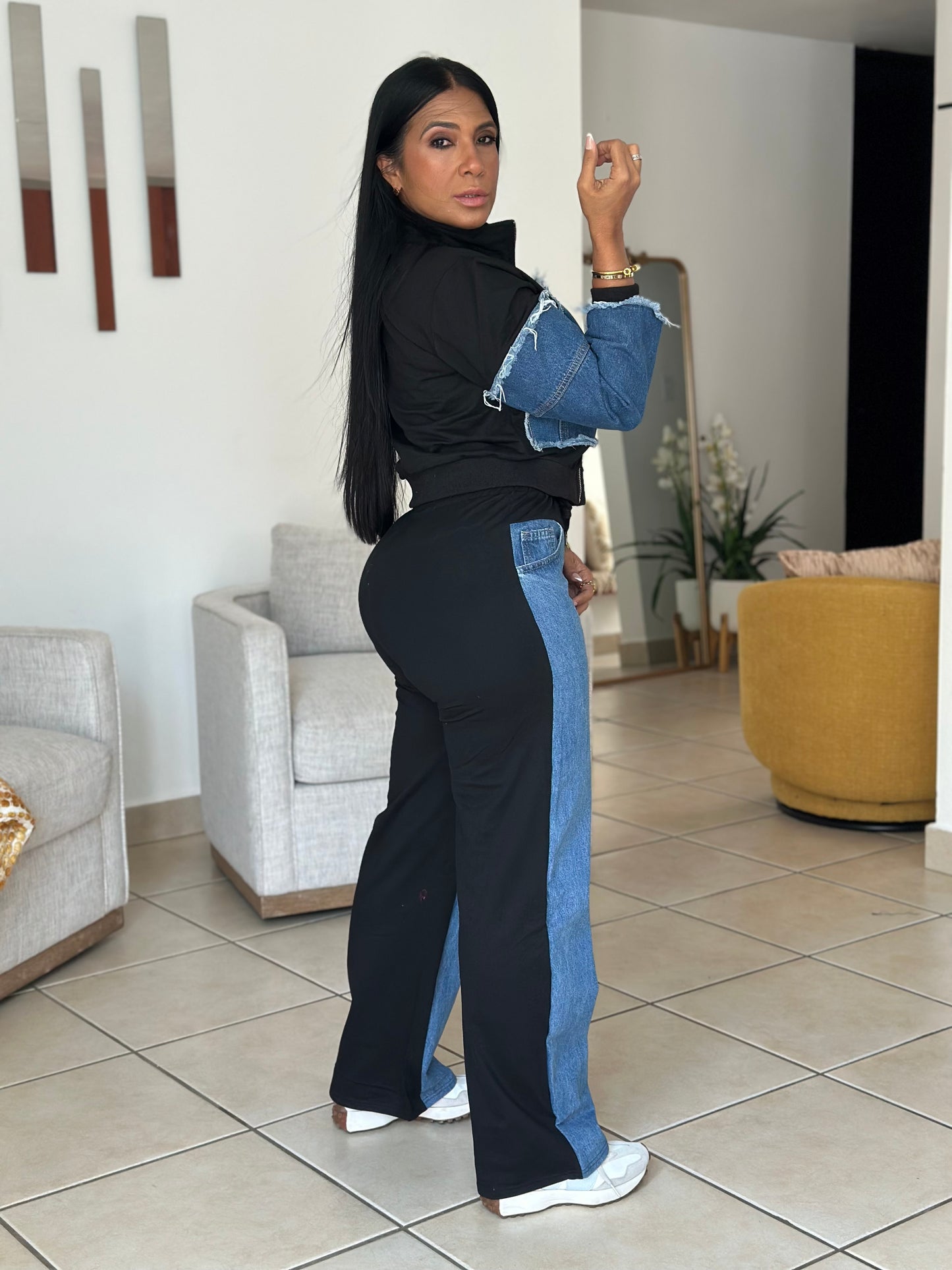 Majestic Denim BlueBlue and Black Cotton Spandex Set