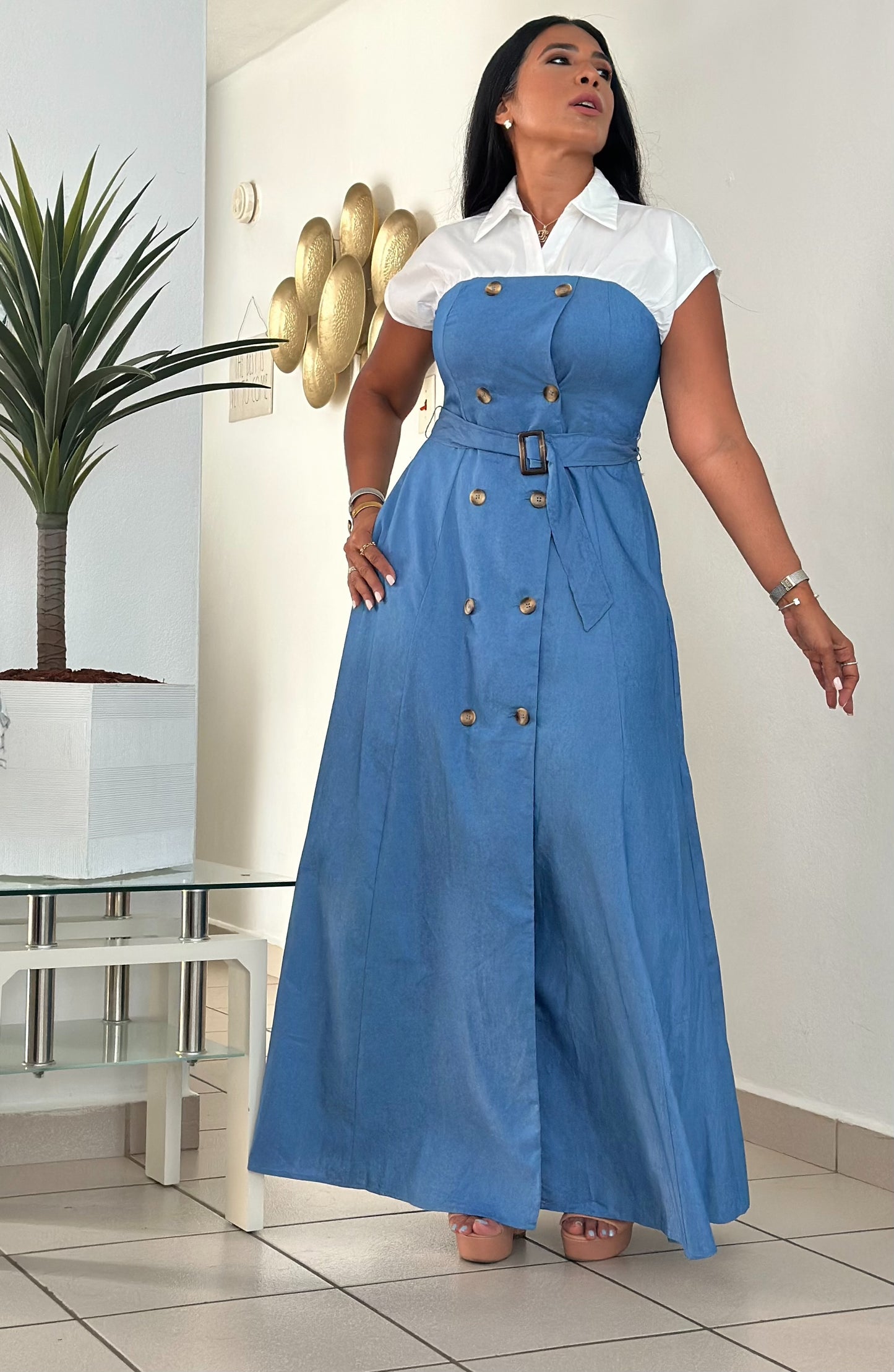 Ellas Spandex Blue DENIM Maxi Dress (Inclue cinturón removible, tiene bolsillos, liviano y totalmente suelto)