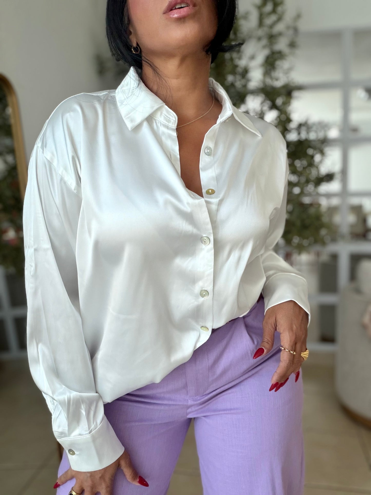 Blusa en Seda de Lujo Color Blanca Oversized