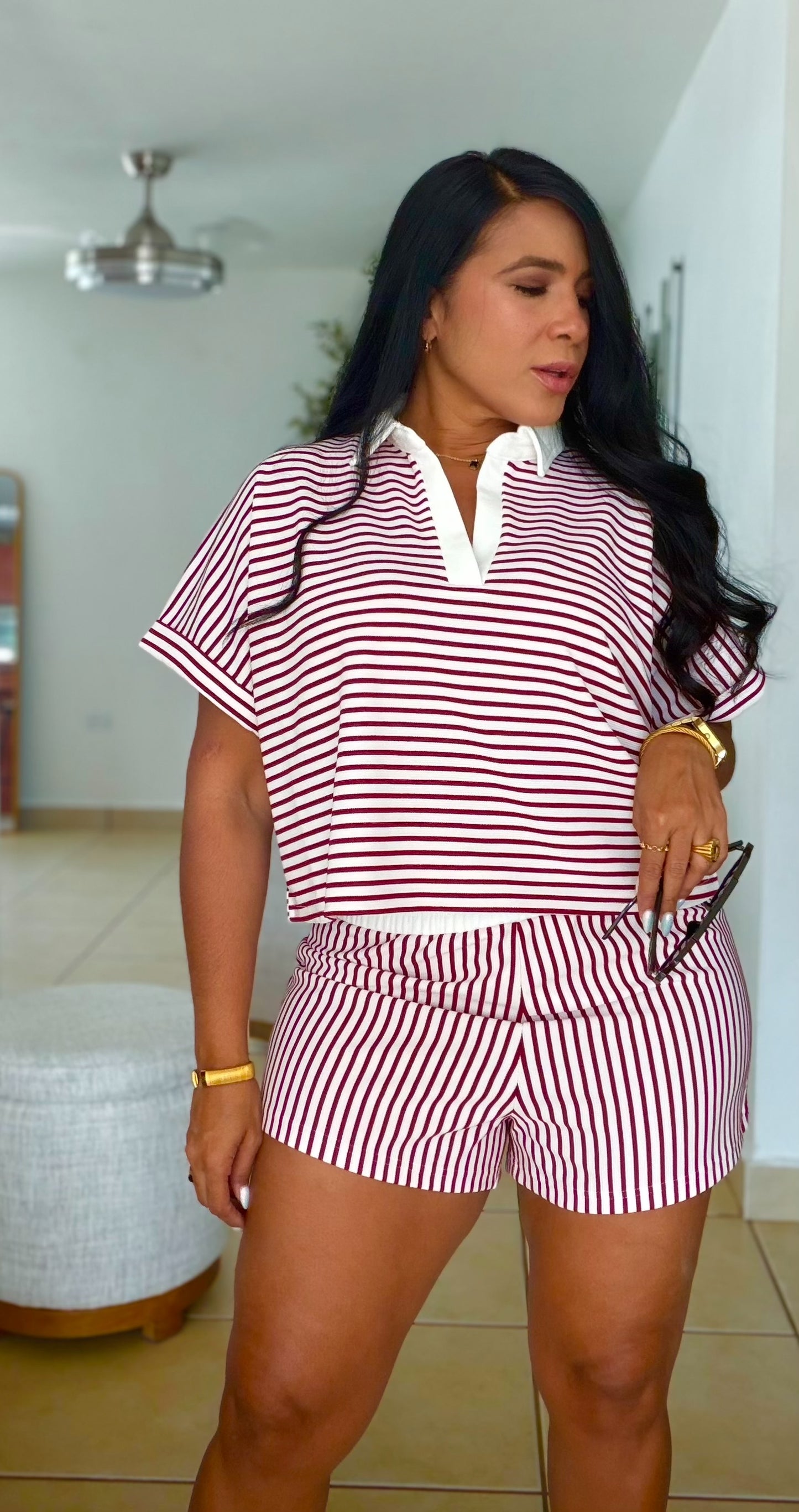 Cabernet Red Striped Spandex Luxe pants and Blusòn Shorts Set