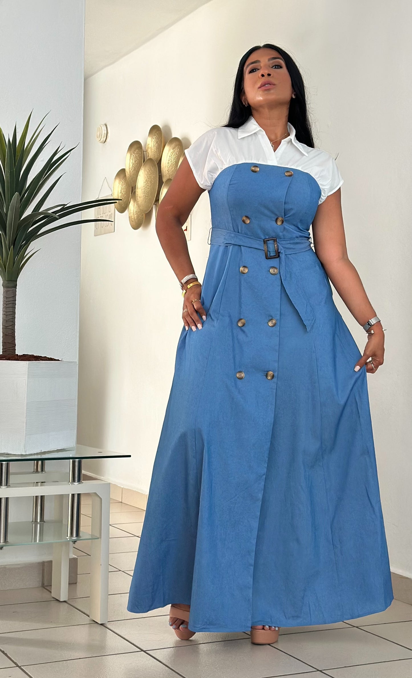 Ellas Spandex Blue DENIM Maxi Dress (Inclue cinturón removible, tiene bolsillos, liviano y totalmente suelto)