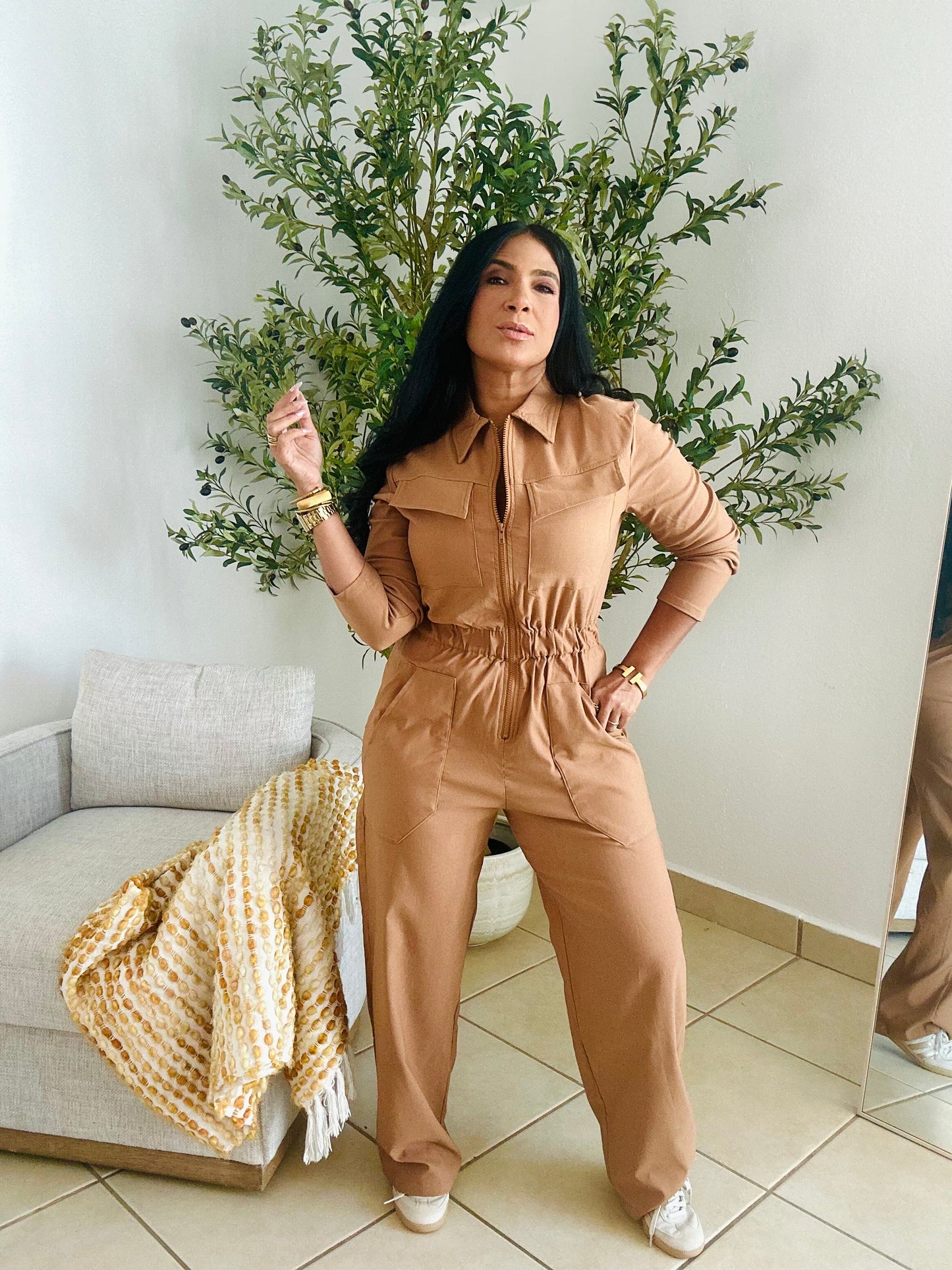 Tan Tan Oversized Spandex Jumpsuit With Pockets Wide Leg