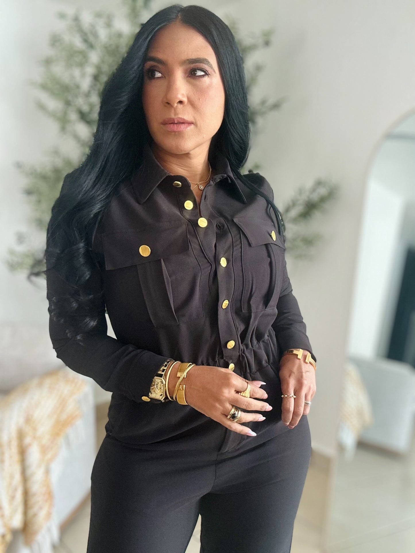 Vallenato Black Spandex Jumpsuit With Pockets (botones dorados)