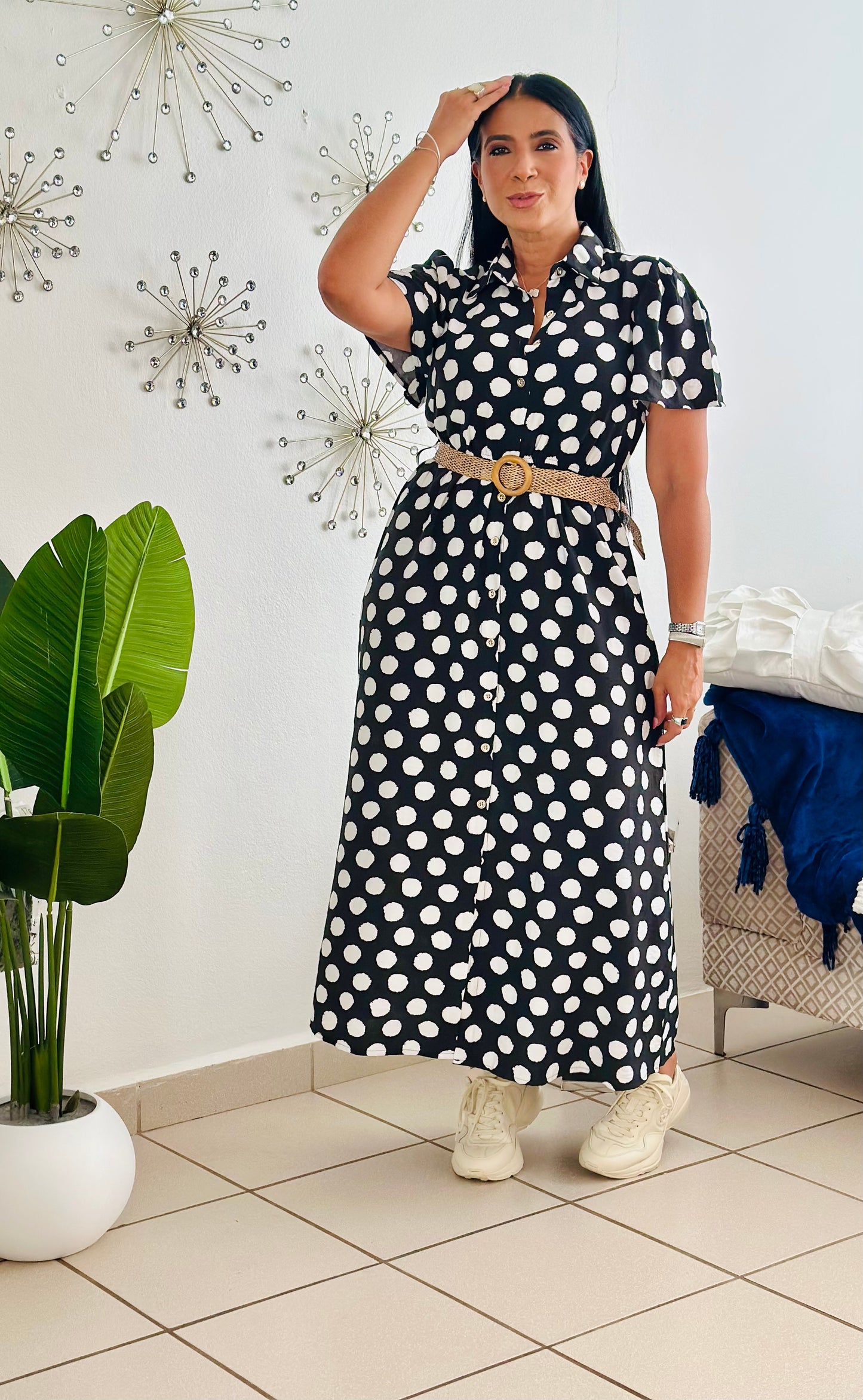 Polka Dots Black and White Spandex Midi Dress (Incluye cinturón removible) bien cómodo y expandible
