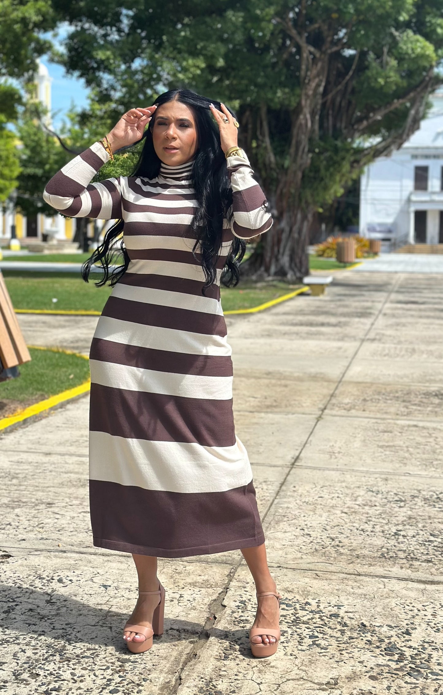 Chic Choco and Cream Stripe Midi Dress (Mega Spandex y Mega liviano)