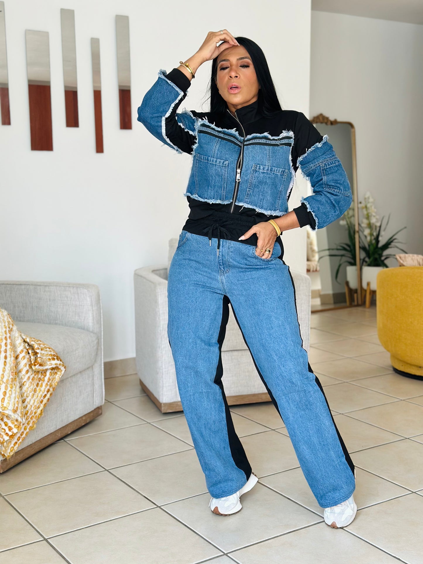 Majestic Denim BlueBlue and Black Cotton Spandex Set