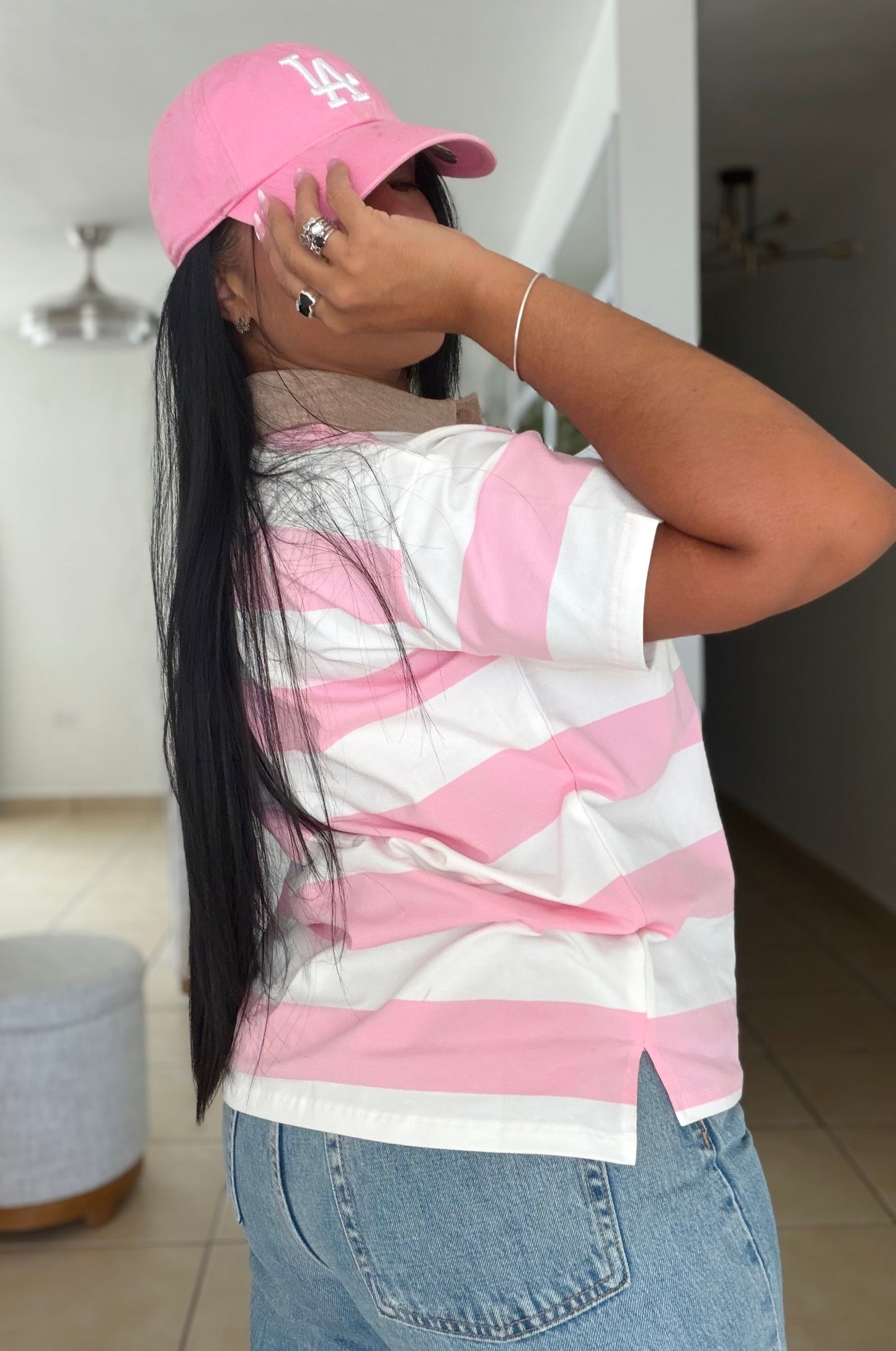 Pink Pink Striped Spandex Polo Top De Lujo (PRE ORDEN) SOLD OUT