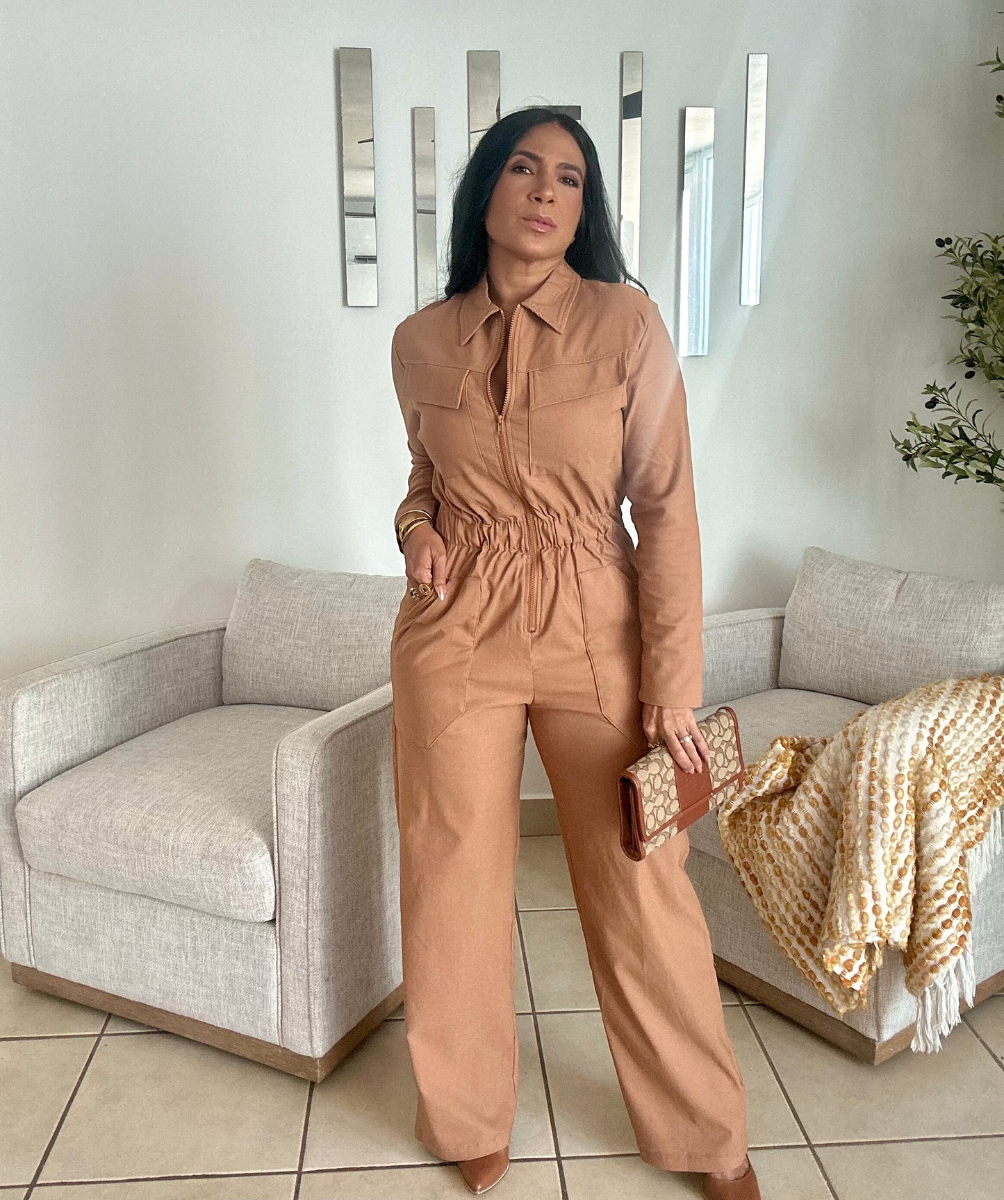Tan Tan Oversized Spandex Jumpsuit With Pockets Wide Leg