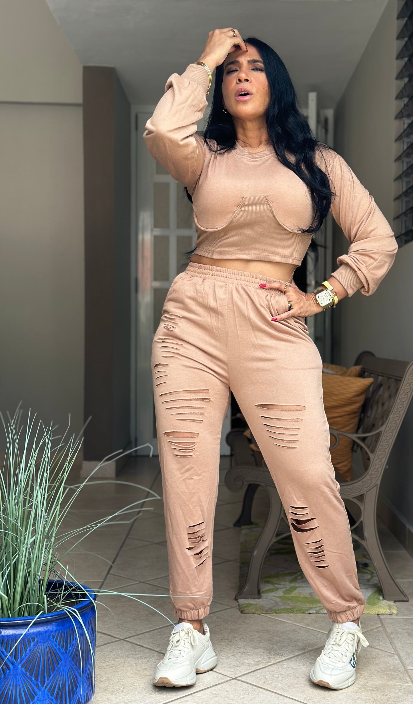 De Jevas Spandex Mocha Set (tiene bolsillos y es biennn expandible)